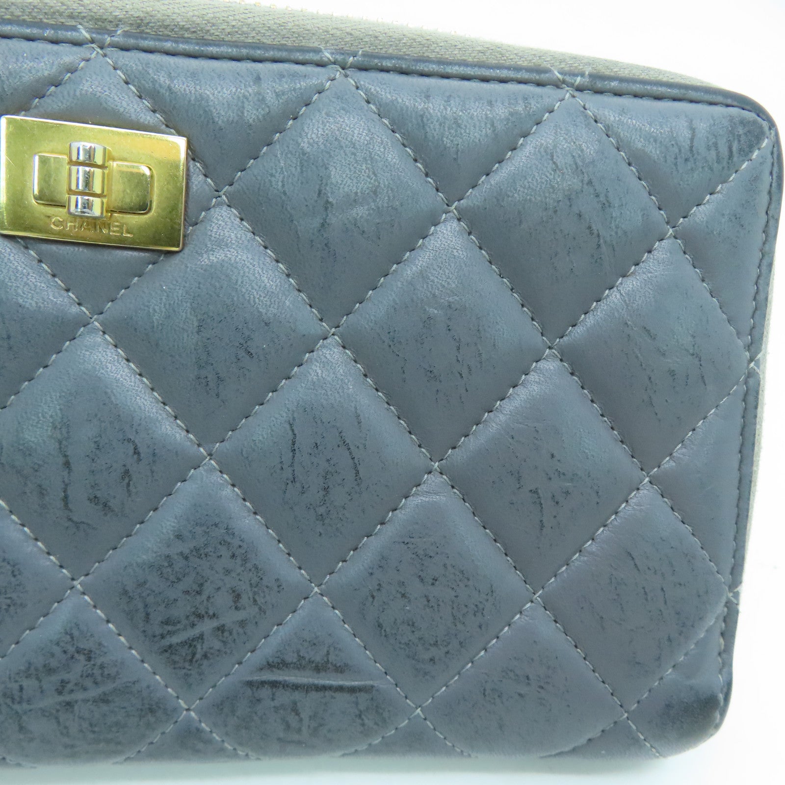 CHANEL rhombic cowhide leather 2.55 Long Wallet gold buckle long wallet gray