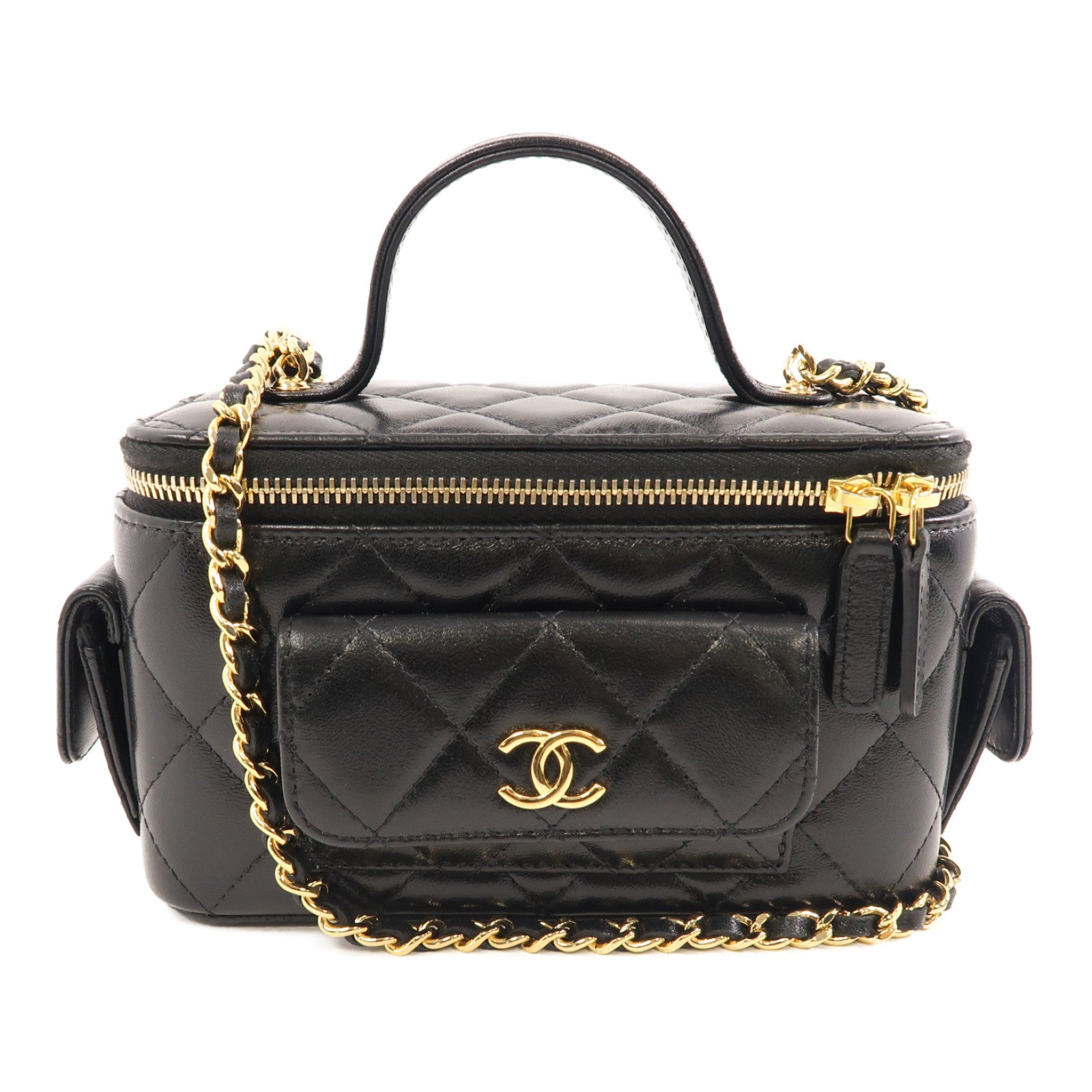 CHANEL 菱格牛皮皮革Vanity Case金扣手挽肩背兩用袋黑色