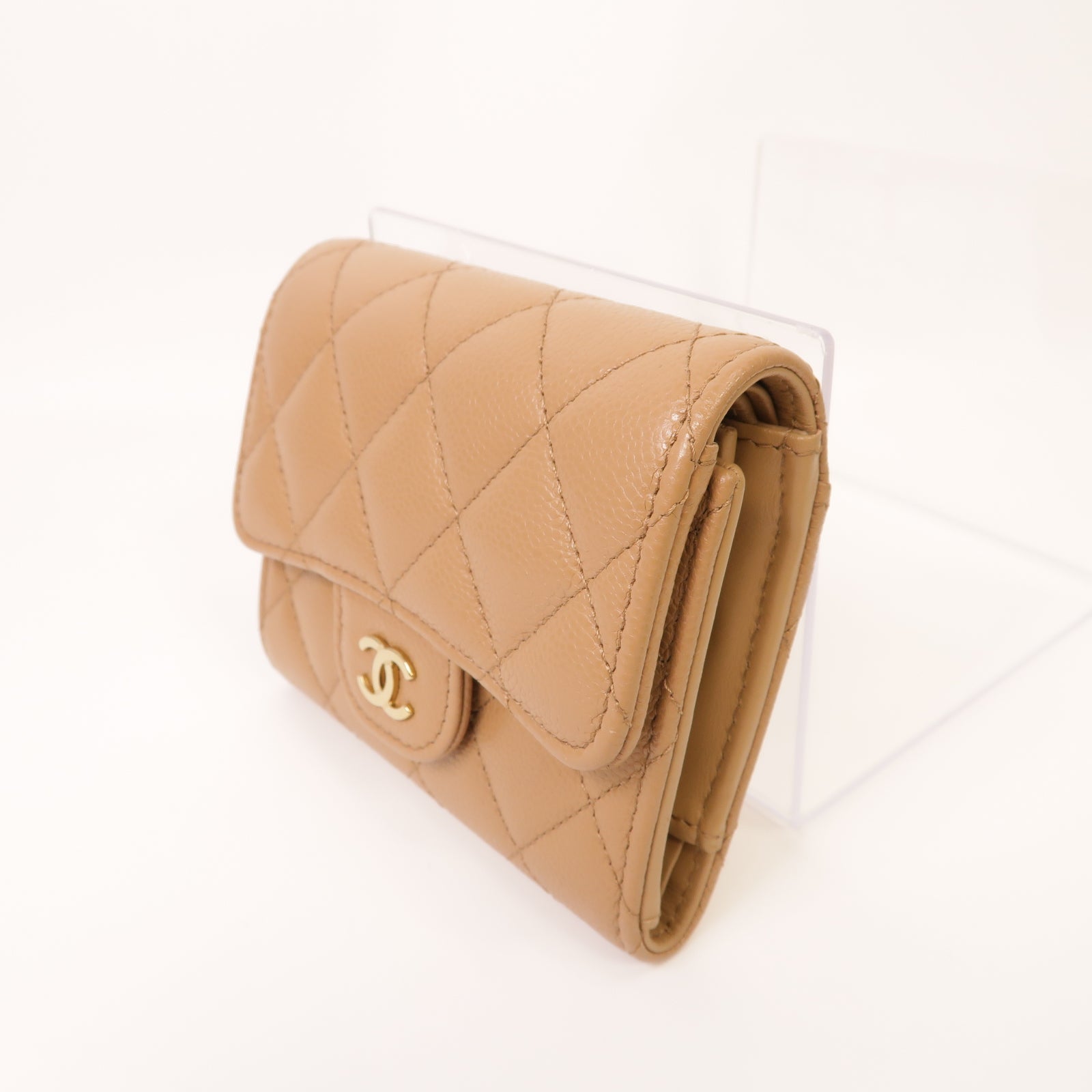 CHANEL 菱格Caviar皮革Wallet金扣錢包杏色