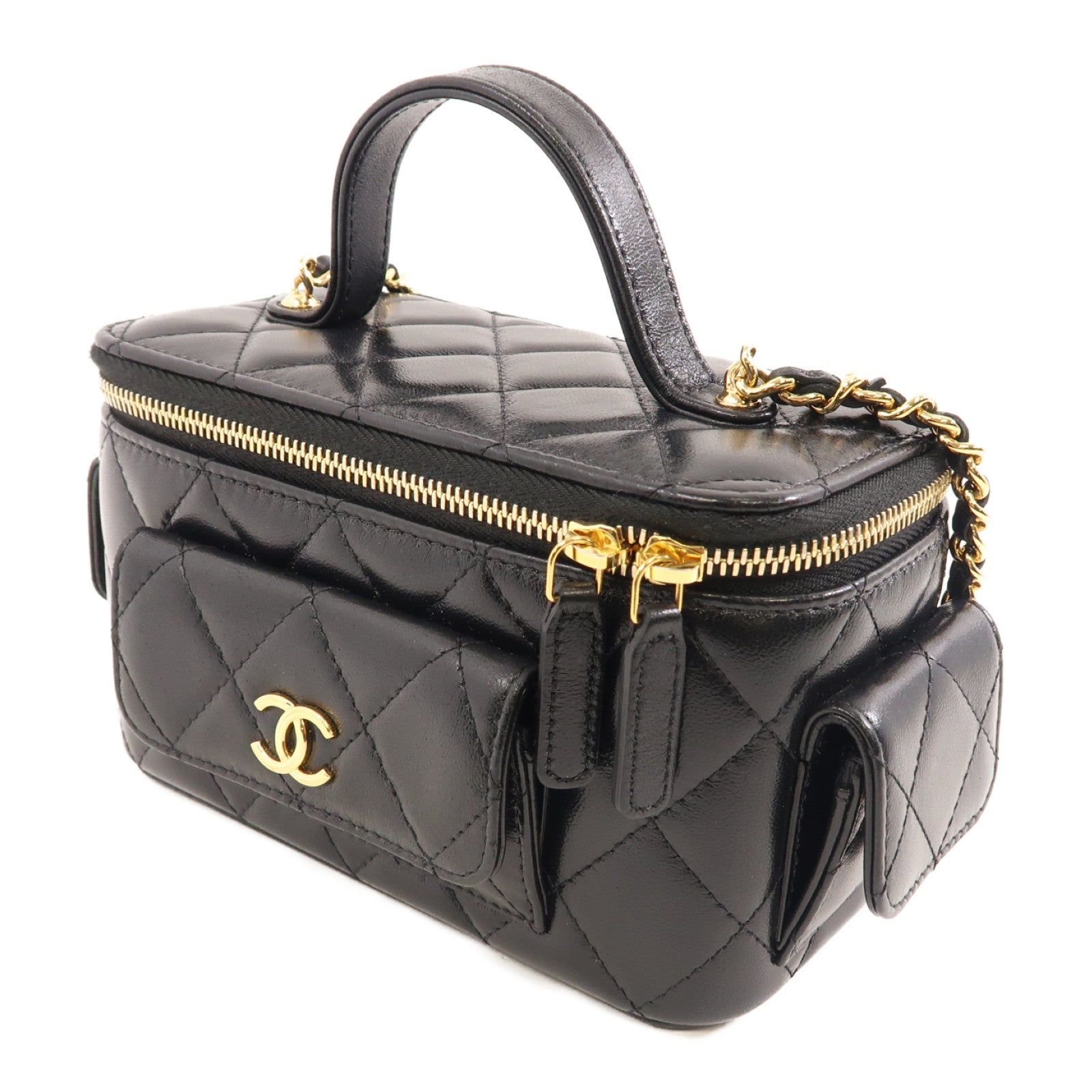 CHANEL 菱格牛皮皮革Vanity Case金扣手挽肩背兩用袋黑色