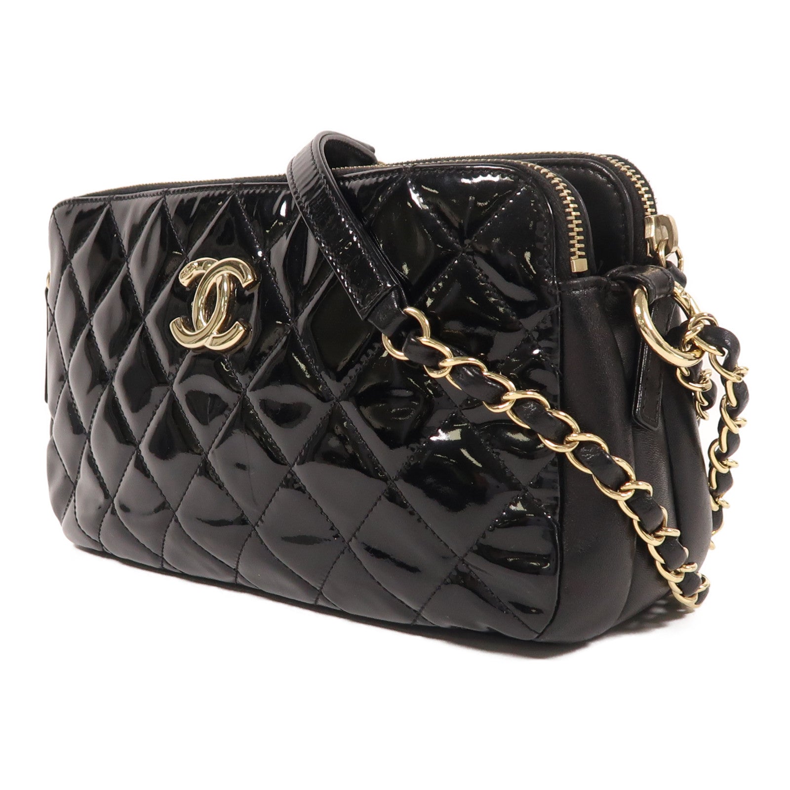 CHANEL 漆皮皮革Chain Shoulder金扣鏈帶肩背袋