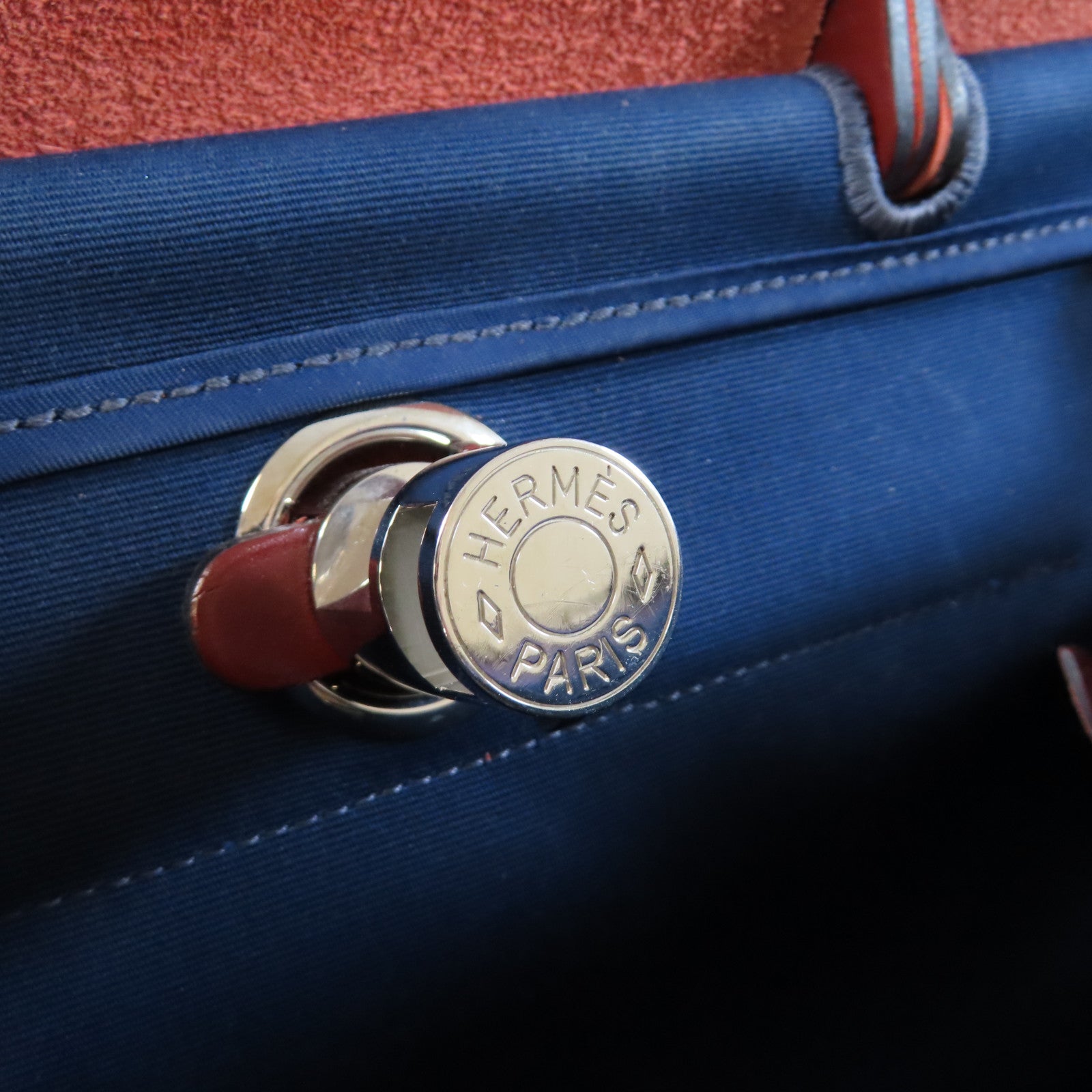 HERMES 帆布/皮革Herbag PM銀扣手挽肩背兩用袋Bleu Saphir寶石藍色