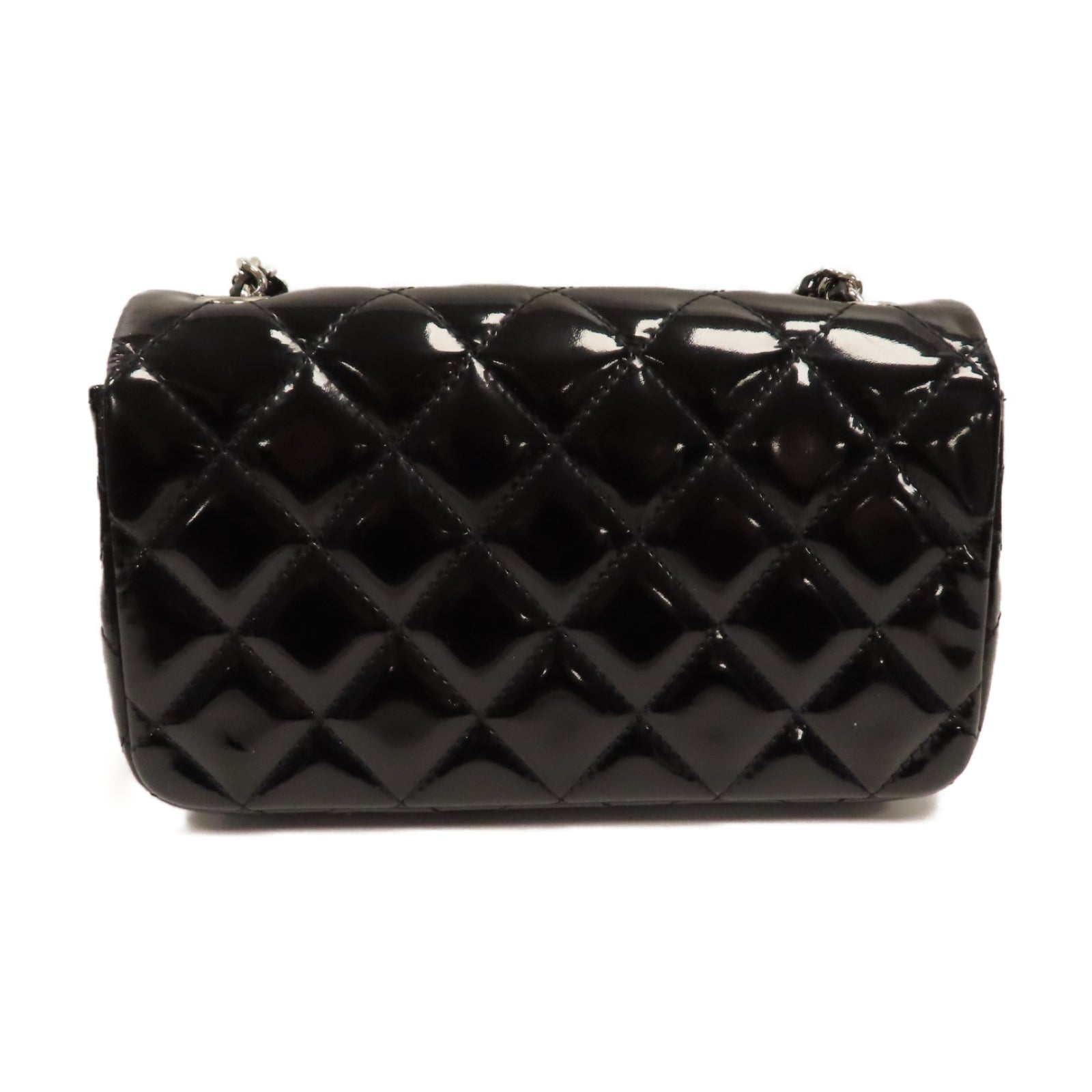 CHANEL 菱格漆皮皮革Classic Flat Mini銀扣鏈帶肩背袋黑色