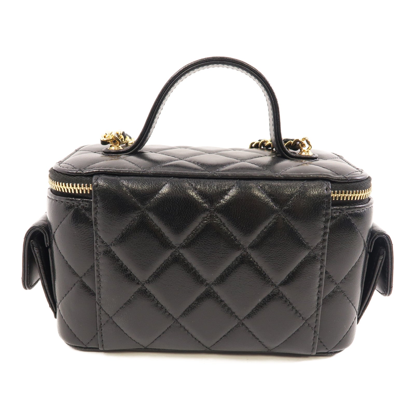 CHANEL 菱格牛皮皮革Vanity Case金扣手挽肩背兩用袋黑色