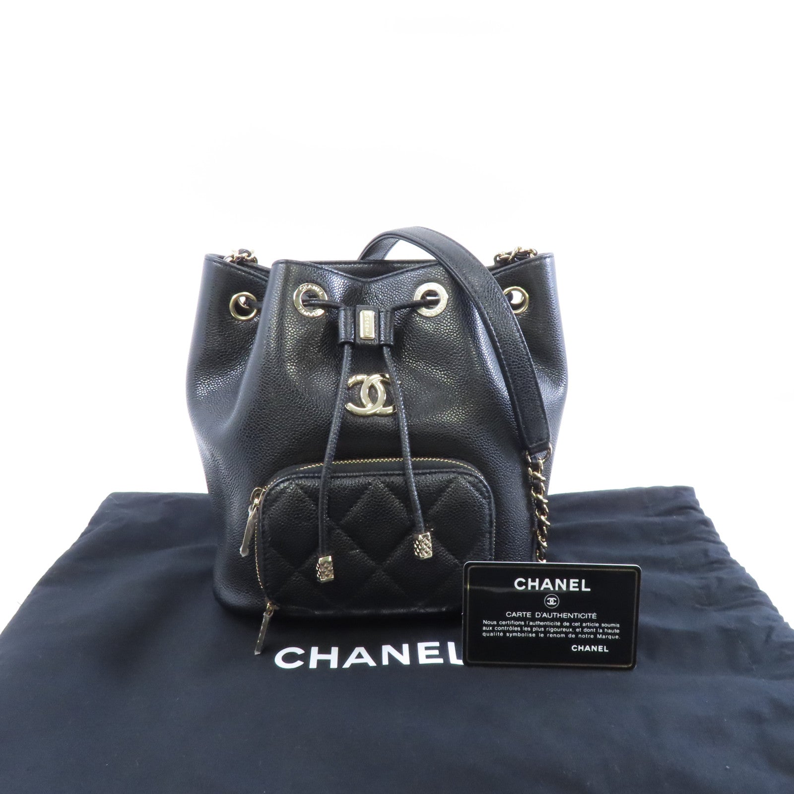 CHANEL Caviar皮革Affinity Bucket金扣鏈帶肩背袋黑色