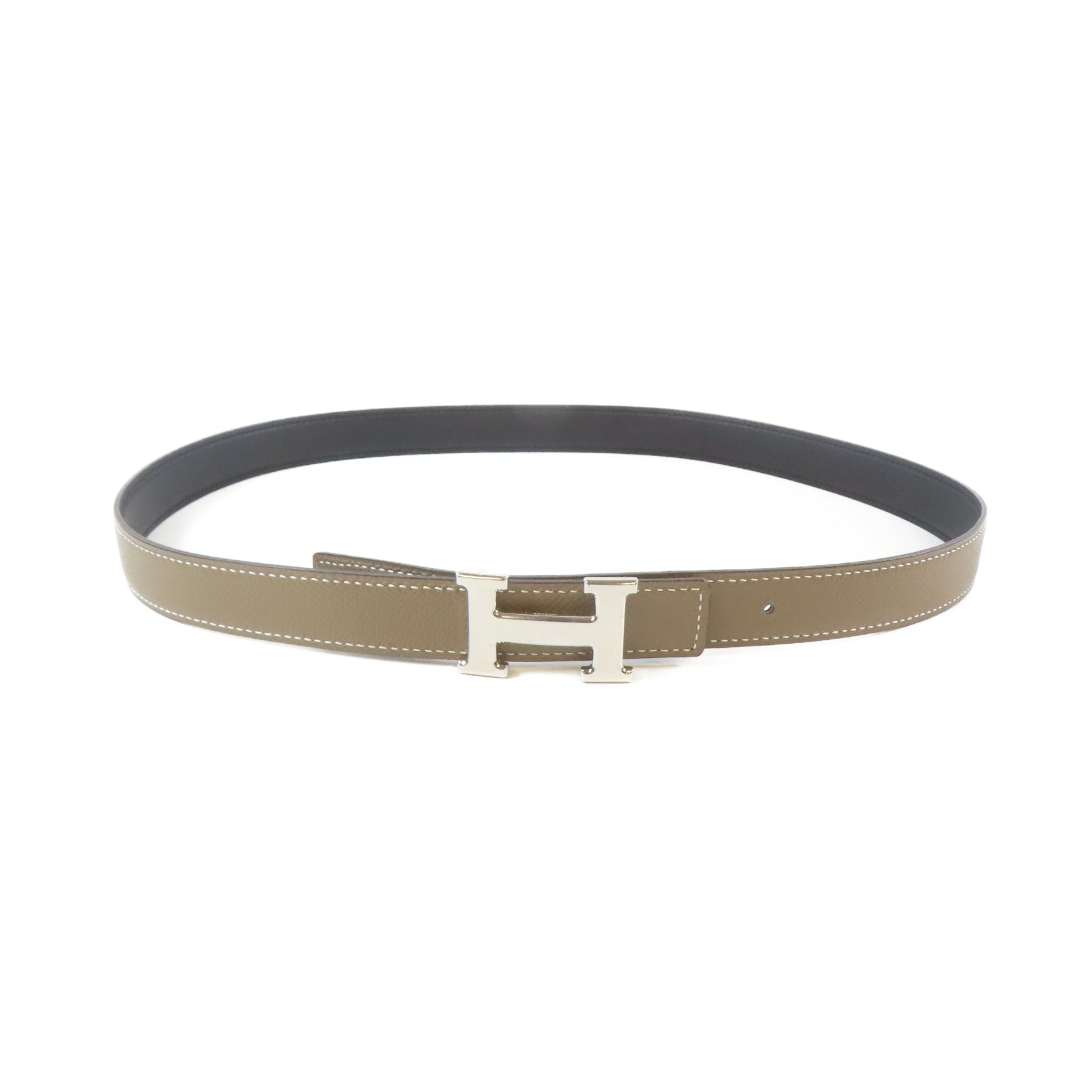 HERMES 牛皮皮革H Belt銀扣皮帶卡其色