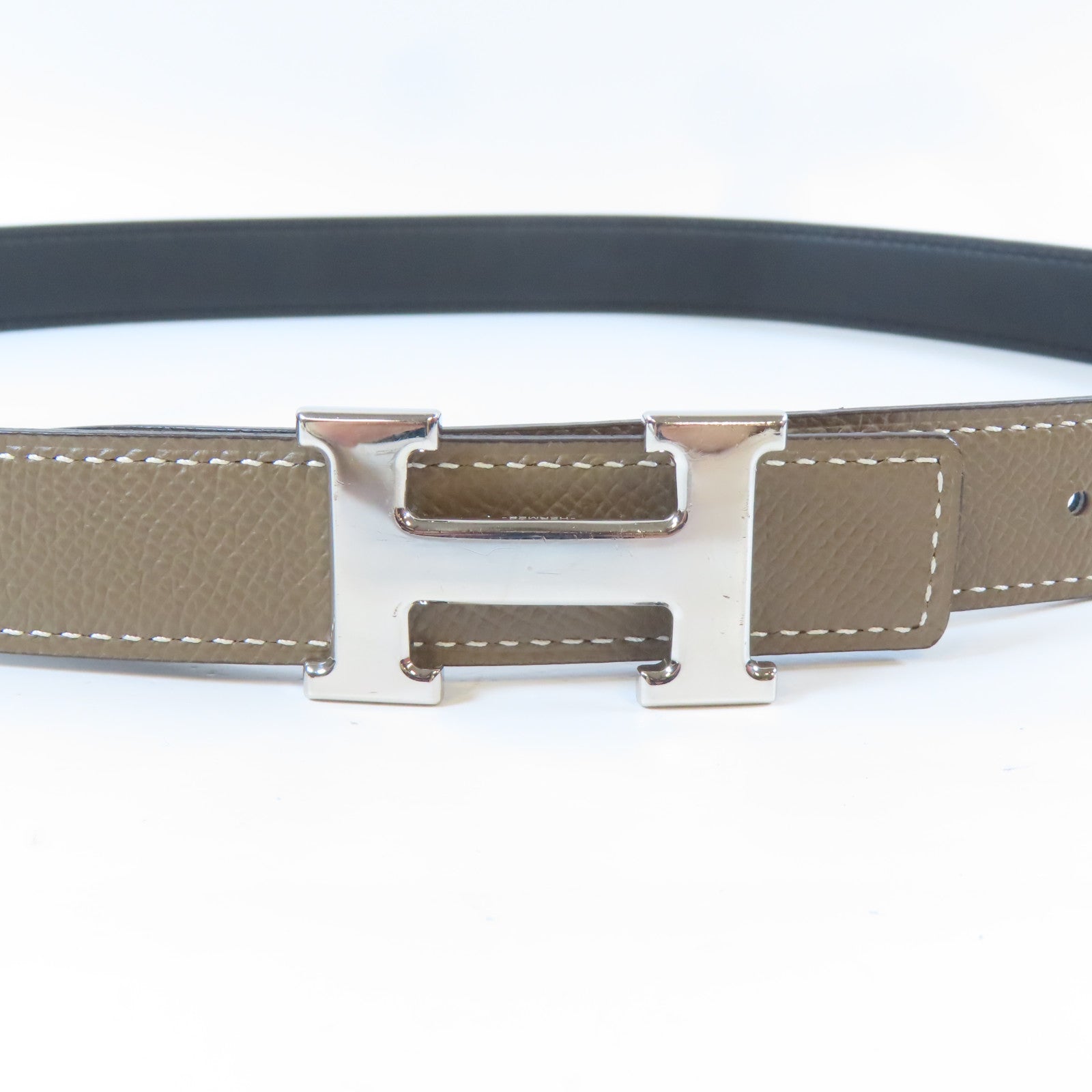 HERMES 牛皮皮革H Belt銀扣皮帶卡其色