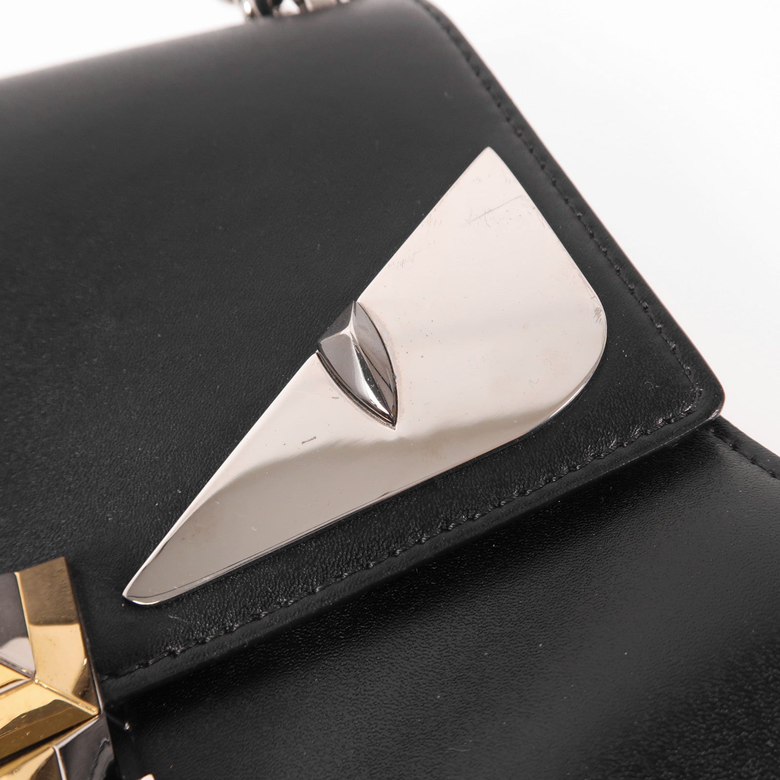 FENDI SHW Kan I Monster Eyes Chain Shoulder Bag 8M381.2SR Calfskin Leather Black