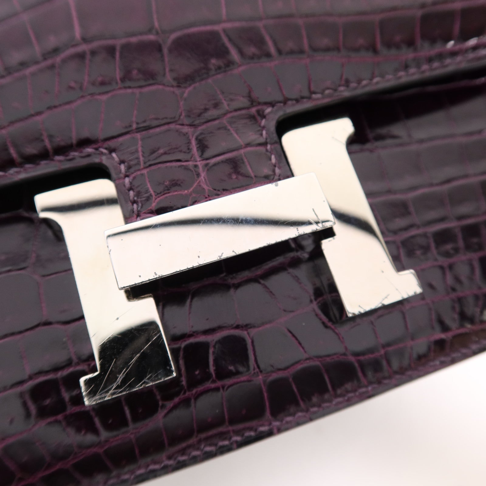 HERMES 鱷魚皮革Constance Elan銀扣肩背袋Amethyst