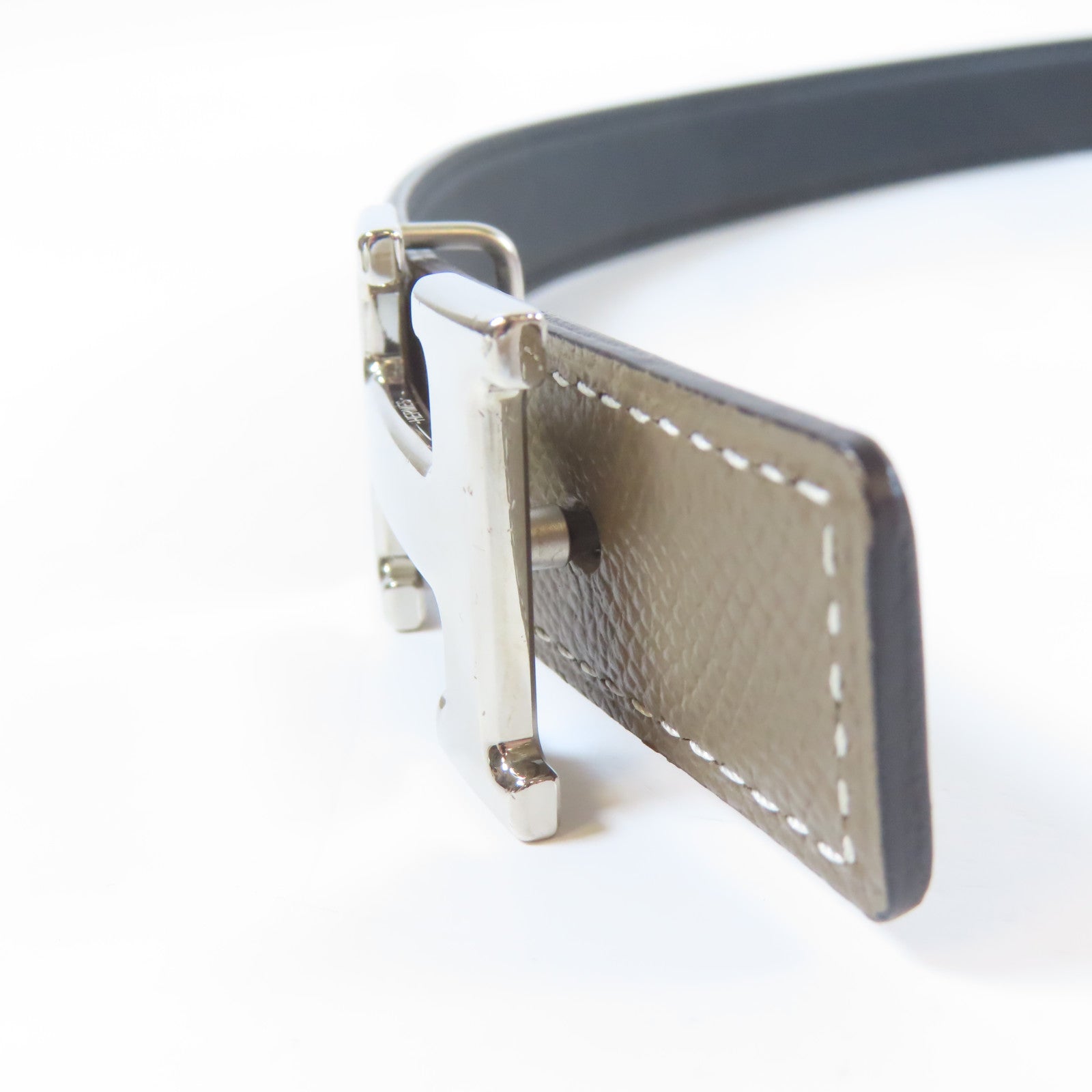 HERMES 牛皮皮革H Belt銀扣皮帶卡其色