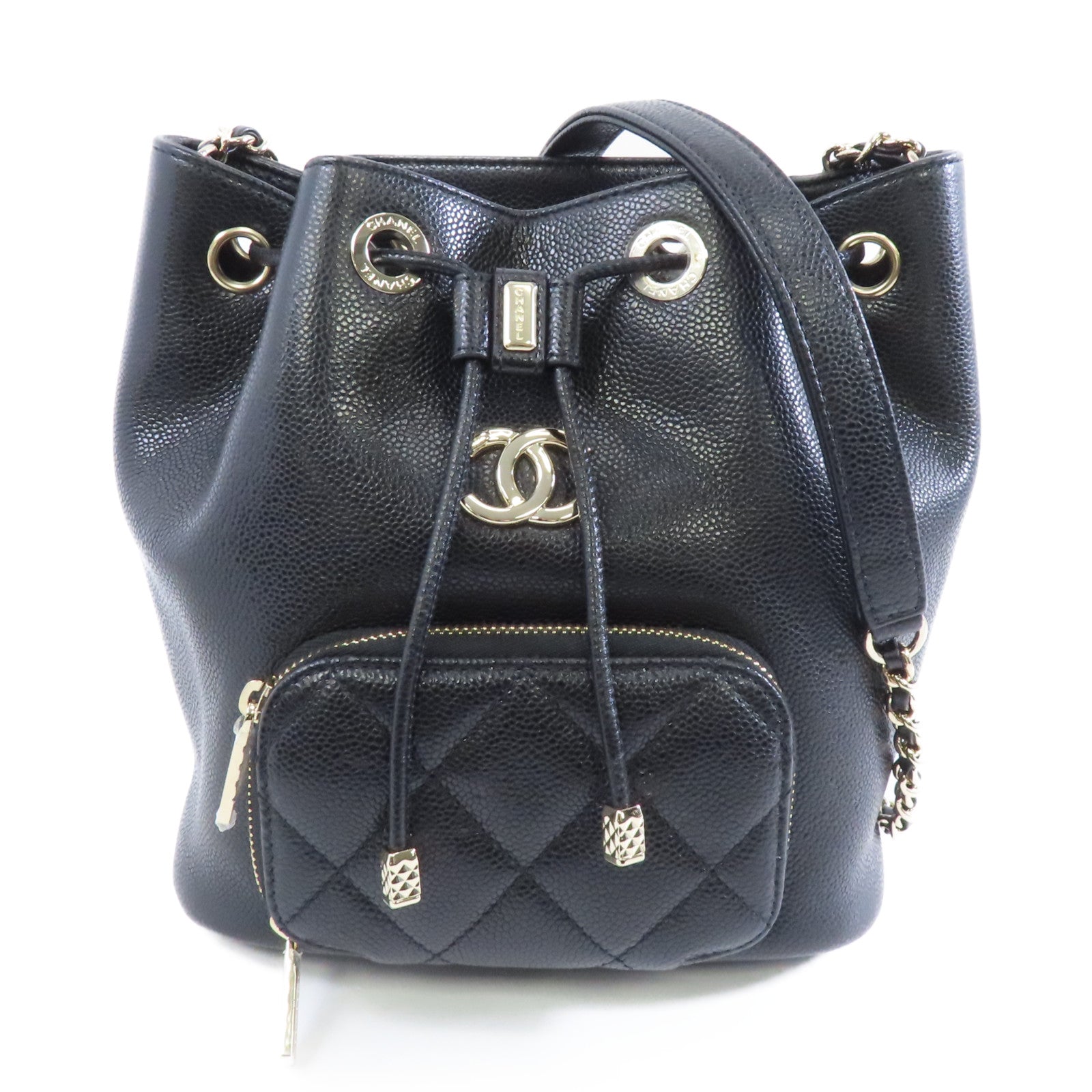 CHANEL Caviar皮革Affinity Bucket金扣鏈帶肩背袋黑色