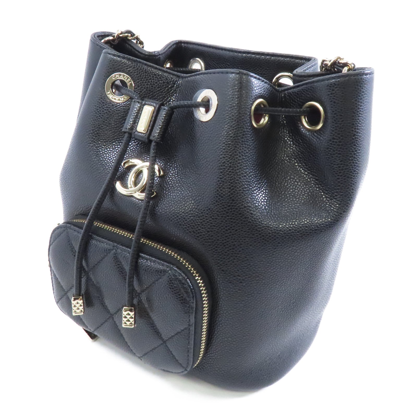 CHANEL Caviar皮革Affinity Bucket金扣鏈帶肩背袋黑色