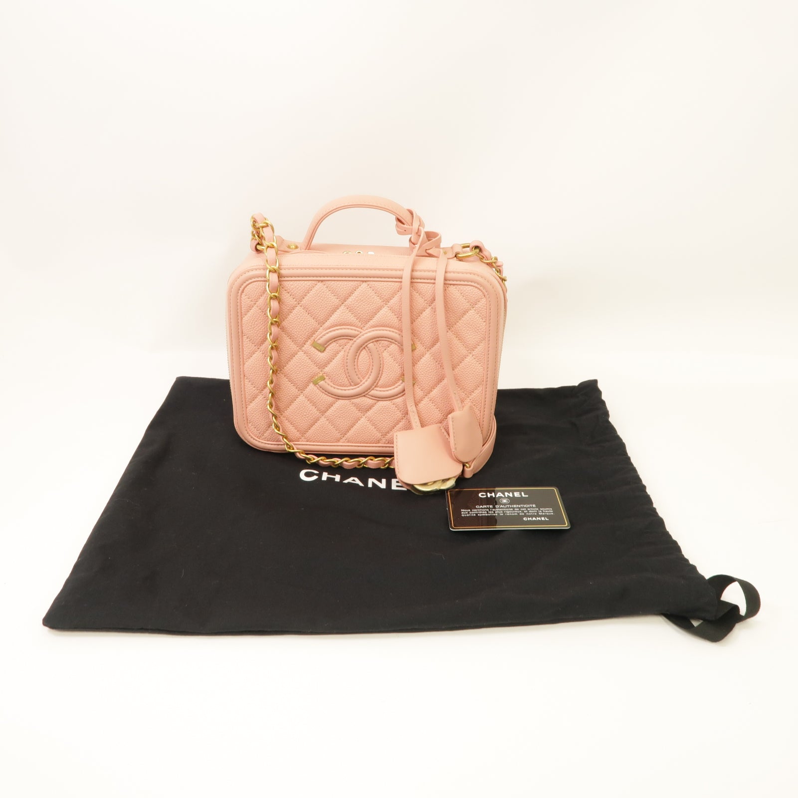 CHANEL 【激減優惠】菱格Caviar皮革Filigree Vanity Case金扣手挽肩背兩用袋粉紅色