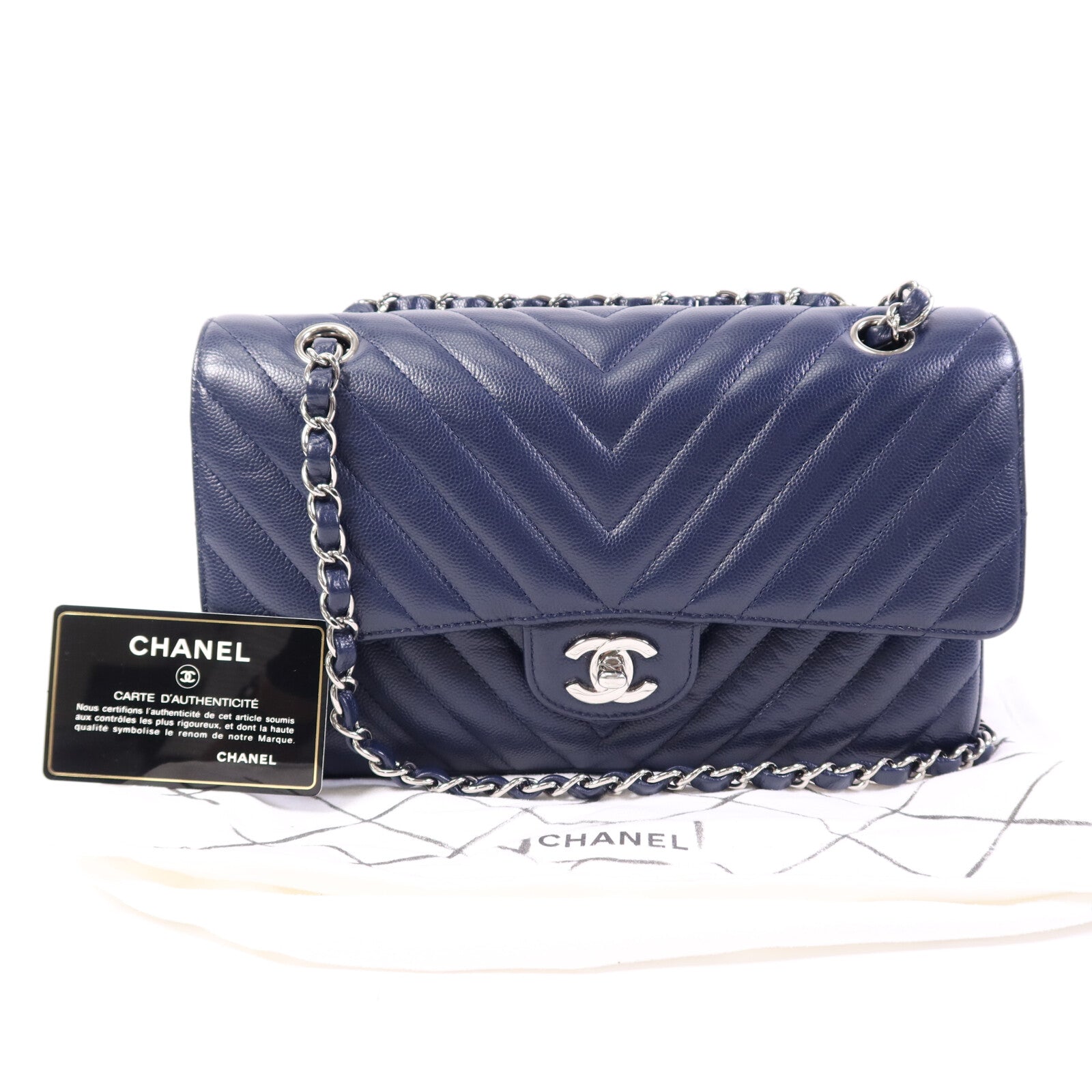 CHANEL 牛皮皮革Classic Flap Chevron銀扣鏈帶肩背袋