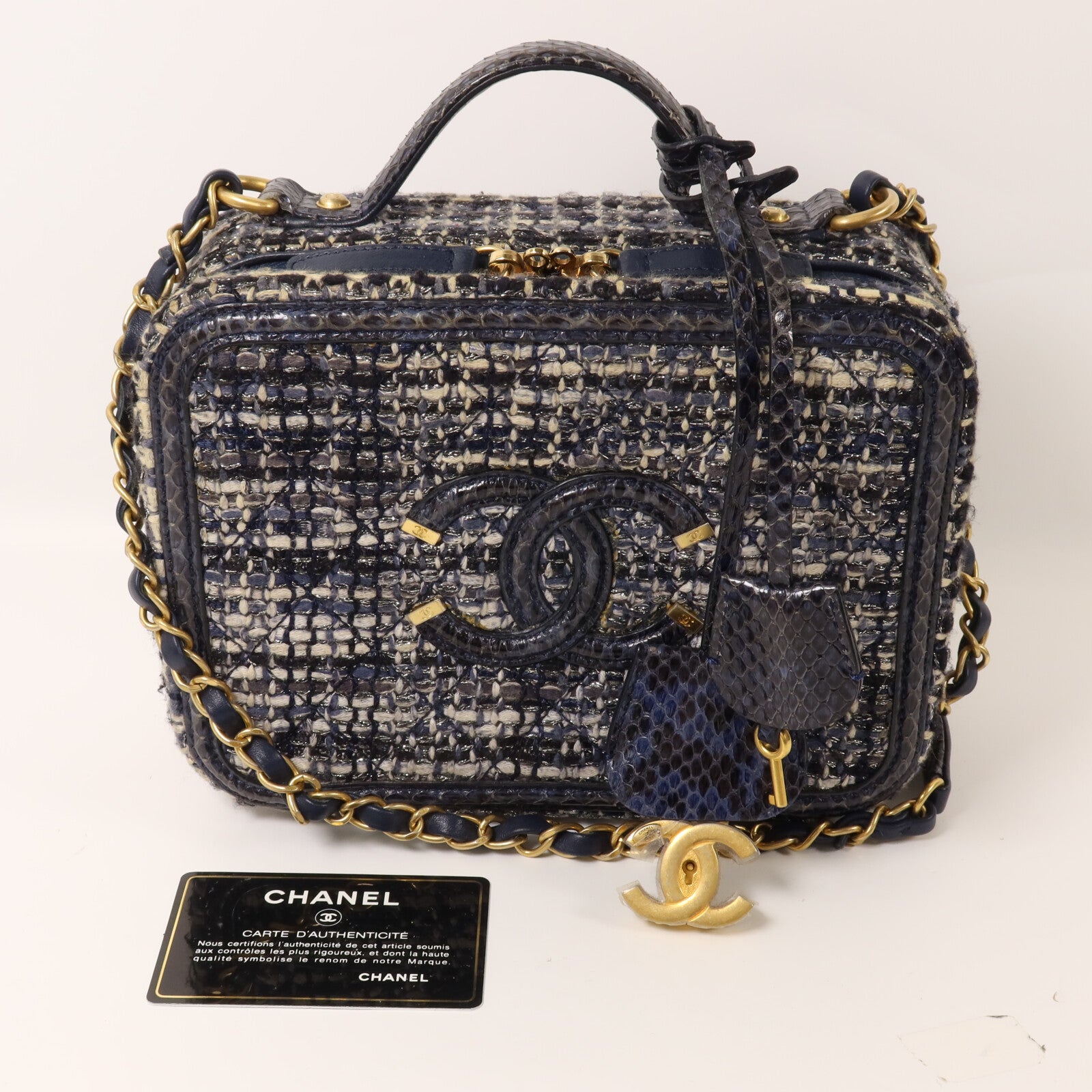 CHANEL Tweed/蛇皮皮革Vanity Case鏈帶手挽肩背兩用袋