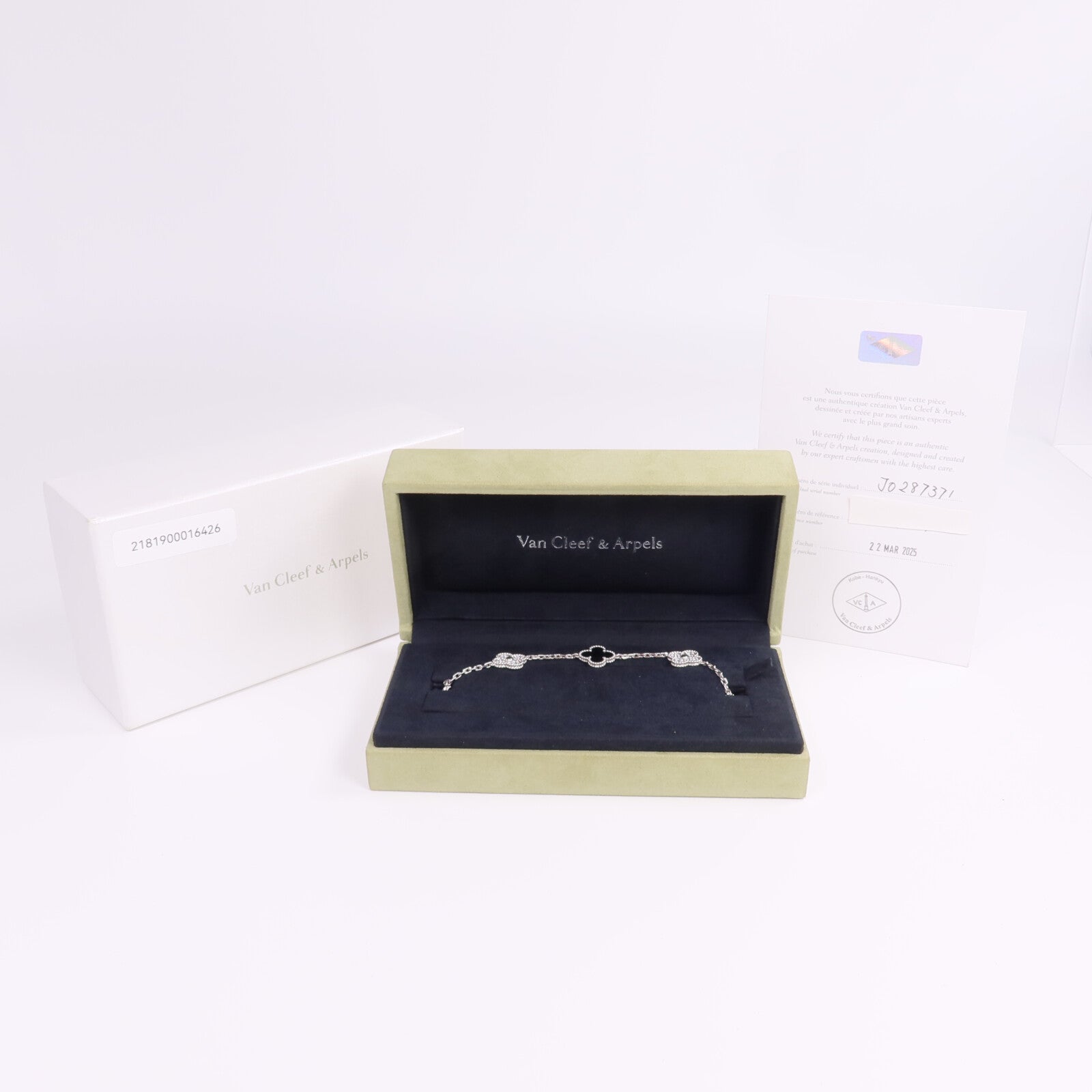 Van Cleef & Arpels 18K白金Vintage Alhambra Bracelet 5 Motifs縞瑪瑙/鑽石手鏈