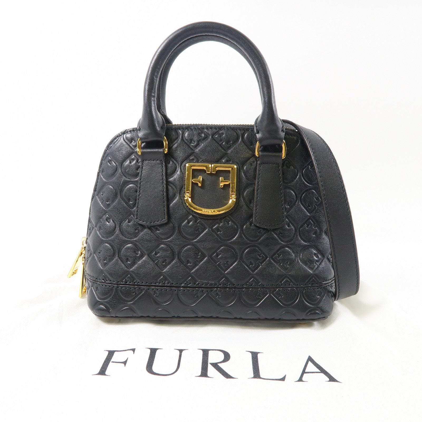 Furla 牛皮皮革2Way Bag金扣手挽肩背兩用袋黑色
