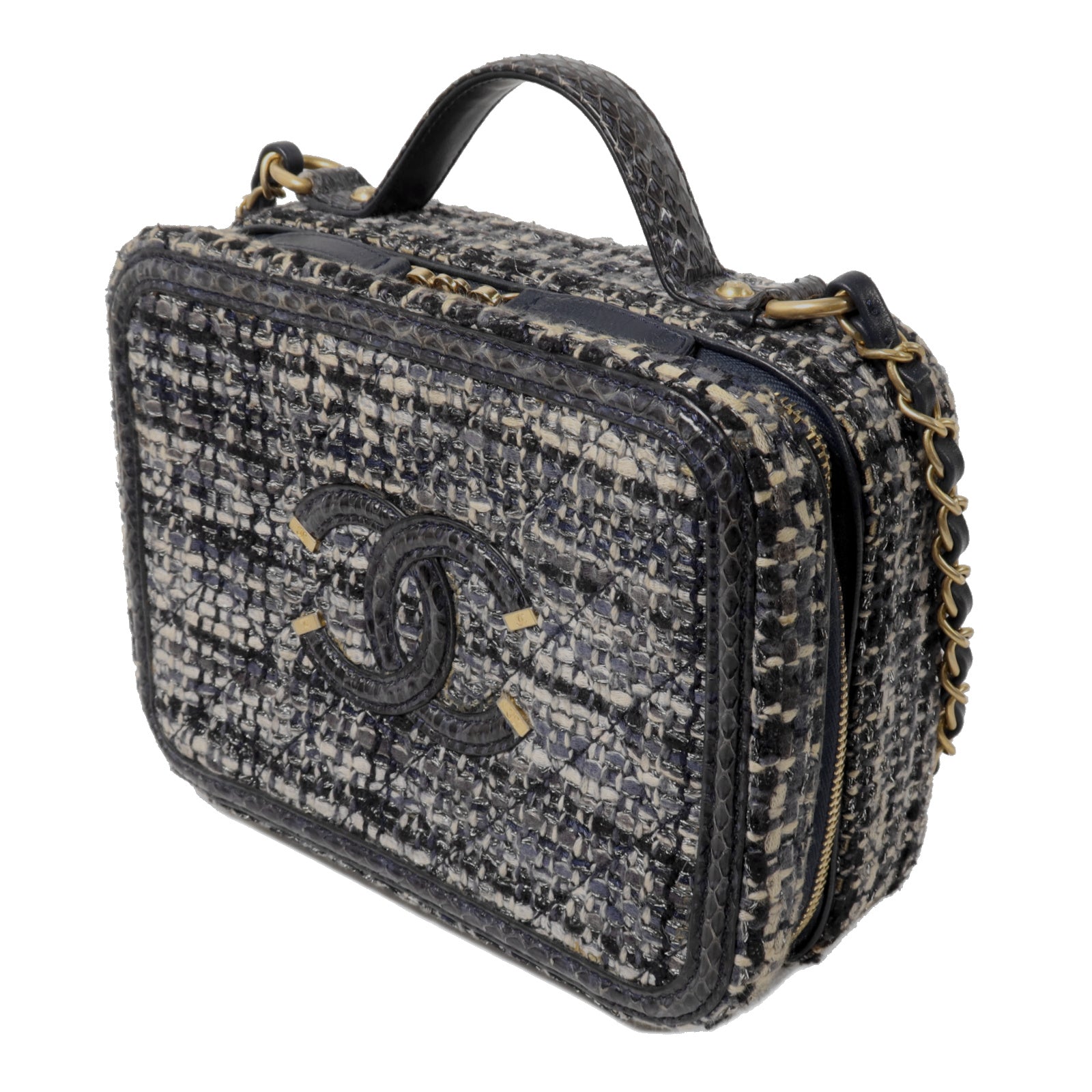 CHANEL Tweed/蛇皮皮革Vanity Case鏈帶手挽肩背兩用袋
