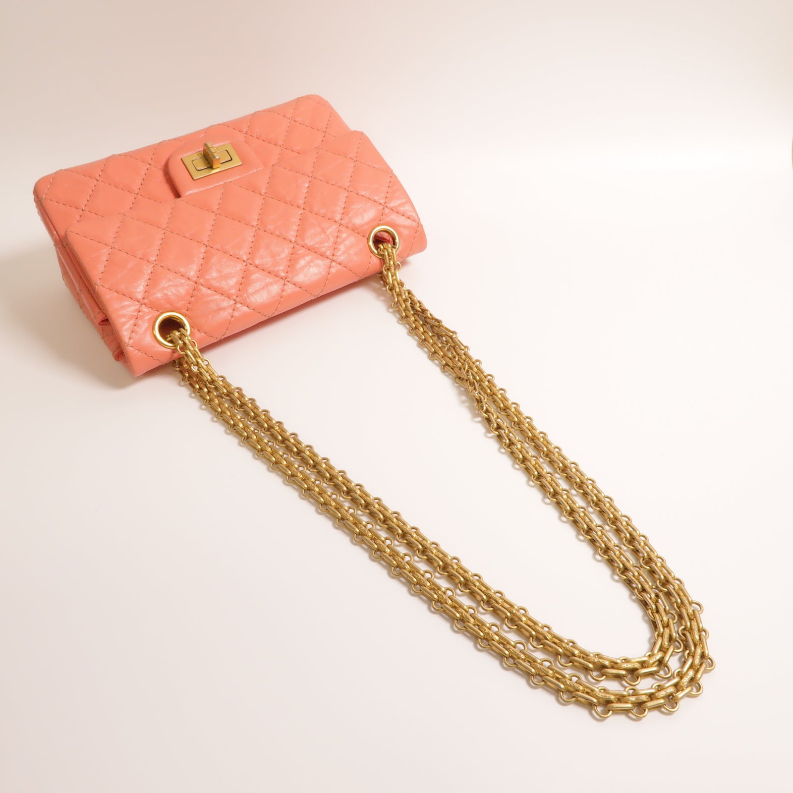 CHANEL 【激減優惠】菱格牛皮皮革Mini 2.55金扣鏈帶肩背袋粉紅色
