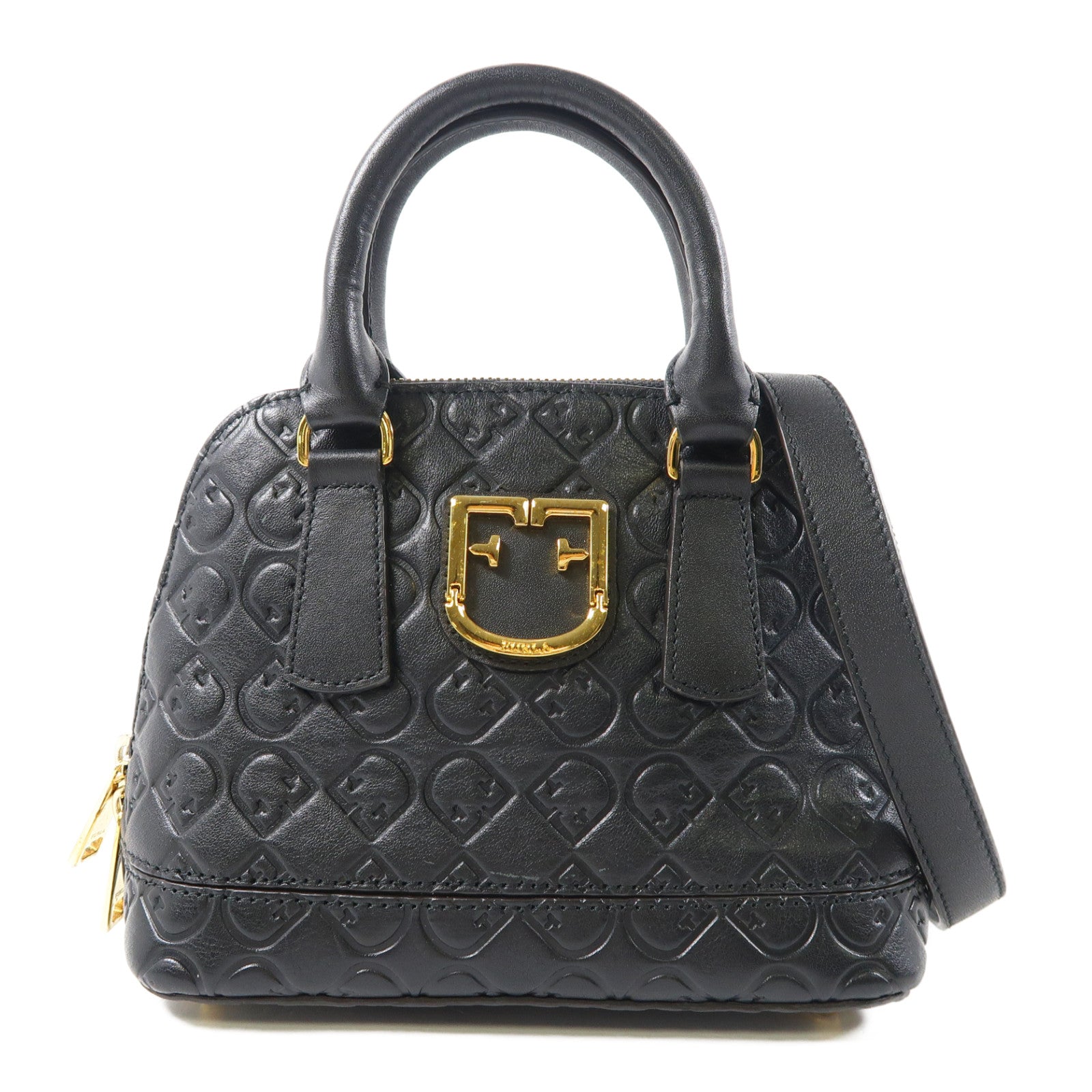 Furla 牛皮皮革2Way Bag金扣手挽肩背兩用袋黑色
