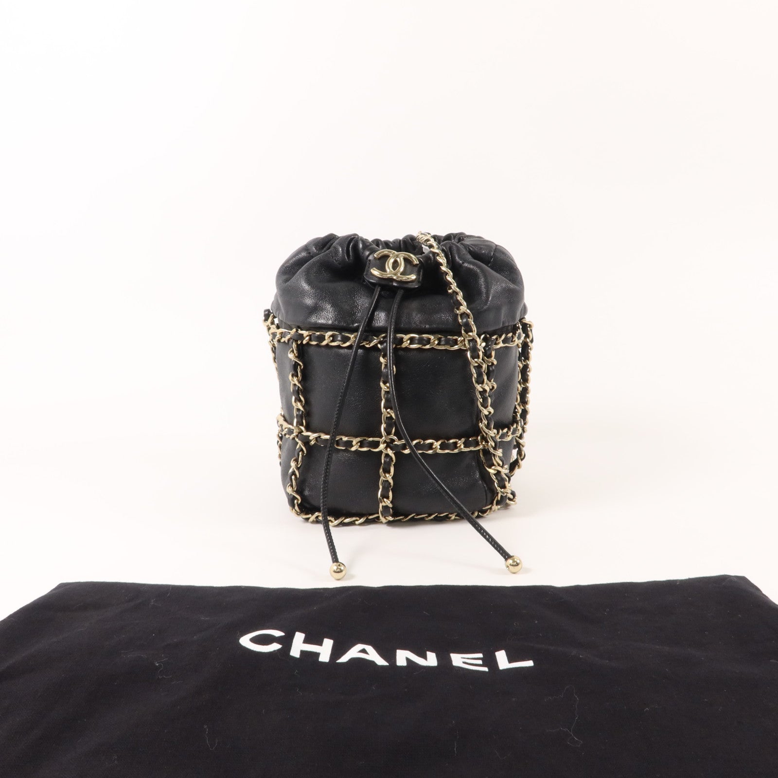 CHANEL 羊皮皮革Drawstring Chain Shoulder鏈帶肩背袋