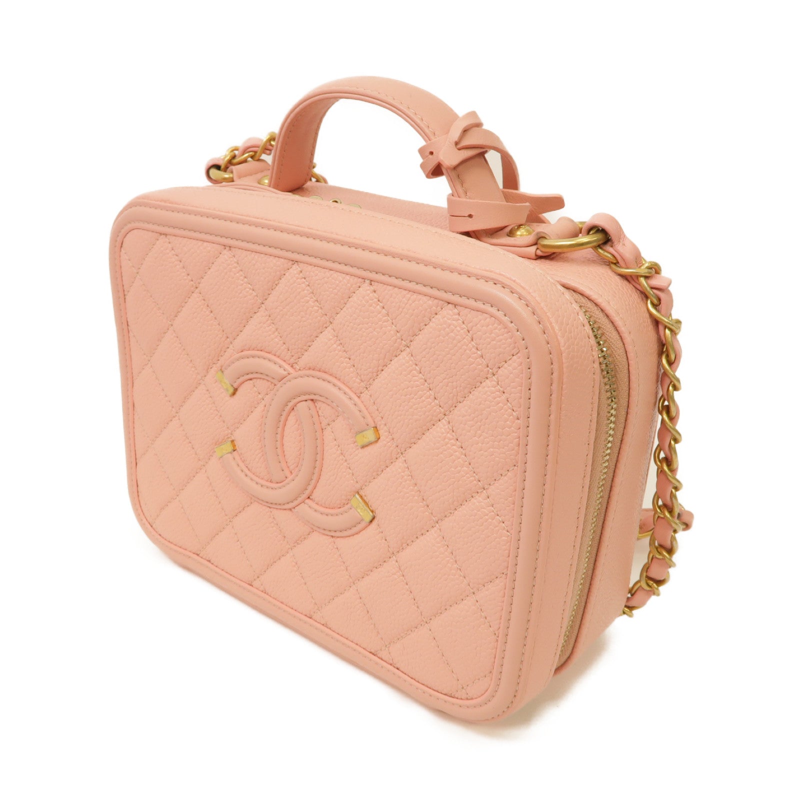 CHANEL 【激減優惠】菱格Caviar皮革Filigree Vanity Case金扣手挽肩背兩用袋粉紅色