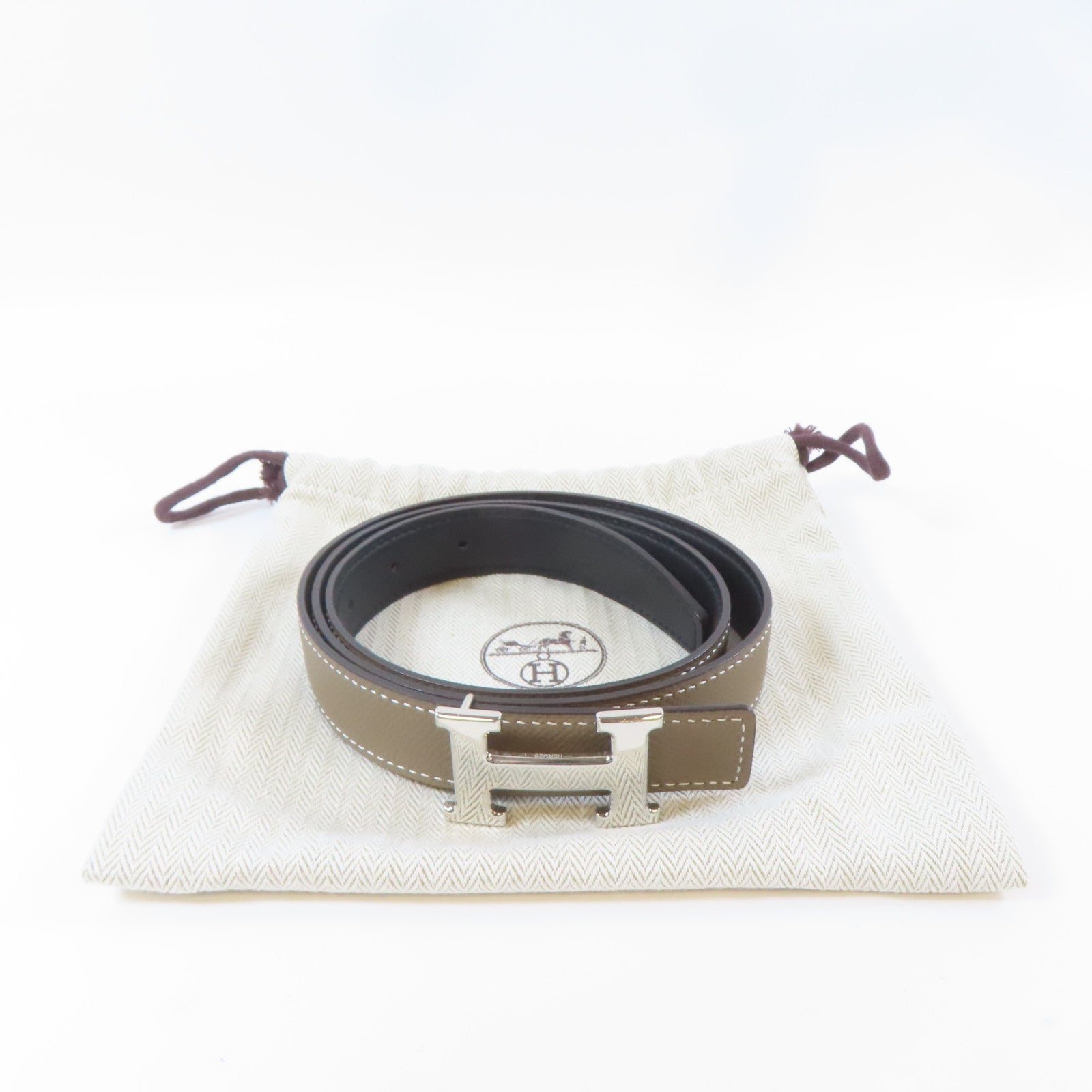 HERMES 牛皮皮革H Belt銀扣皮帶卡其色