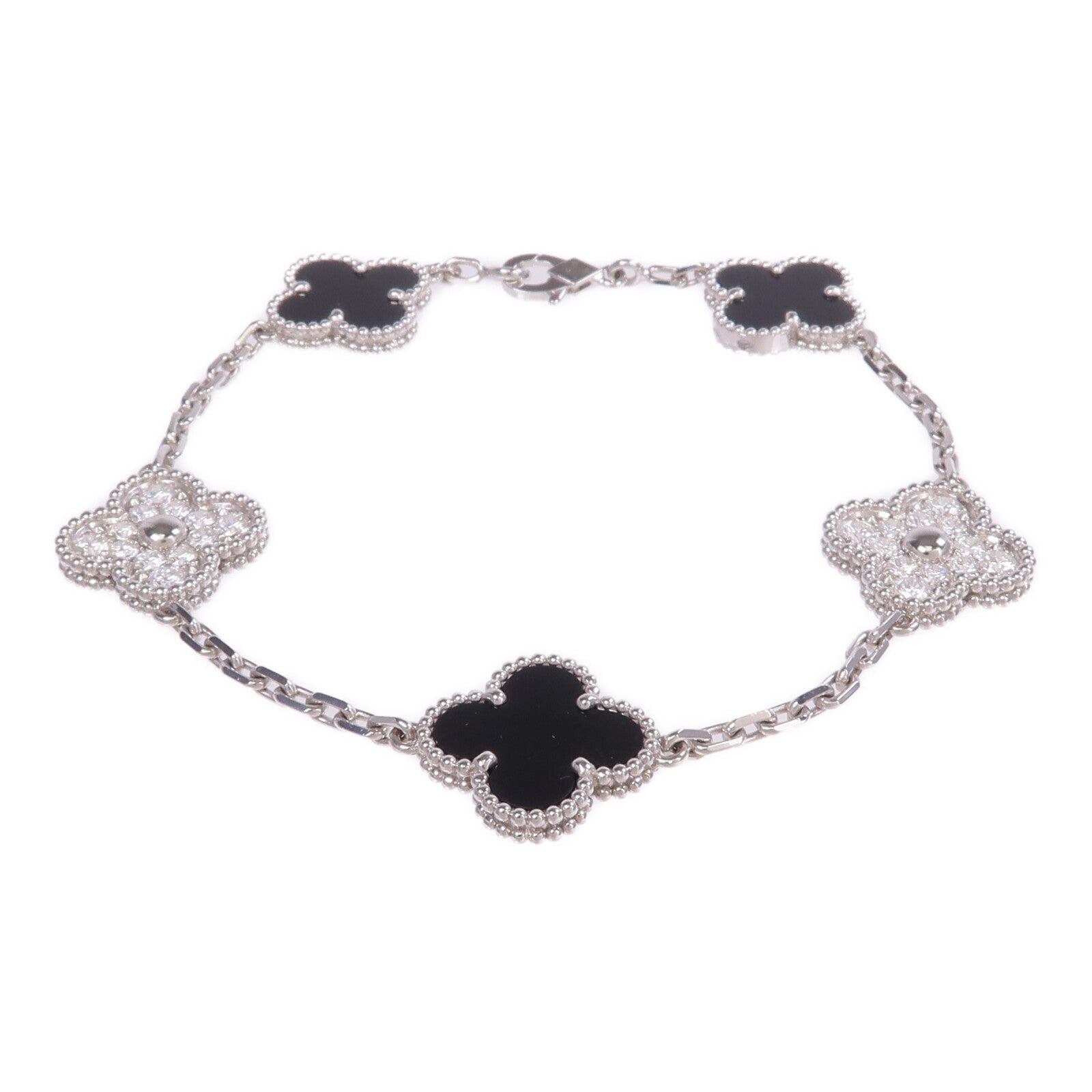 Van Cleef & Arpels 18K白金Vintage Alhambra Bracelet 5 Motifs縞瑪瑙/鑽石手鏈