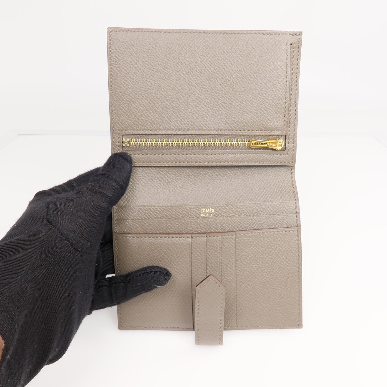 HERMES Epsom皮革Bearn Wallet金扣錢包Etain