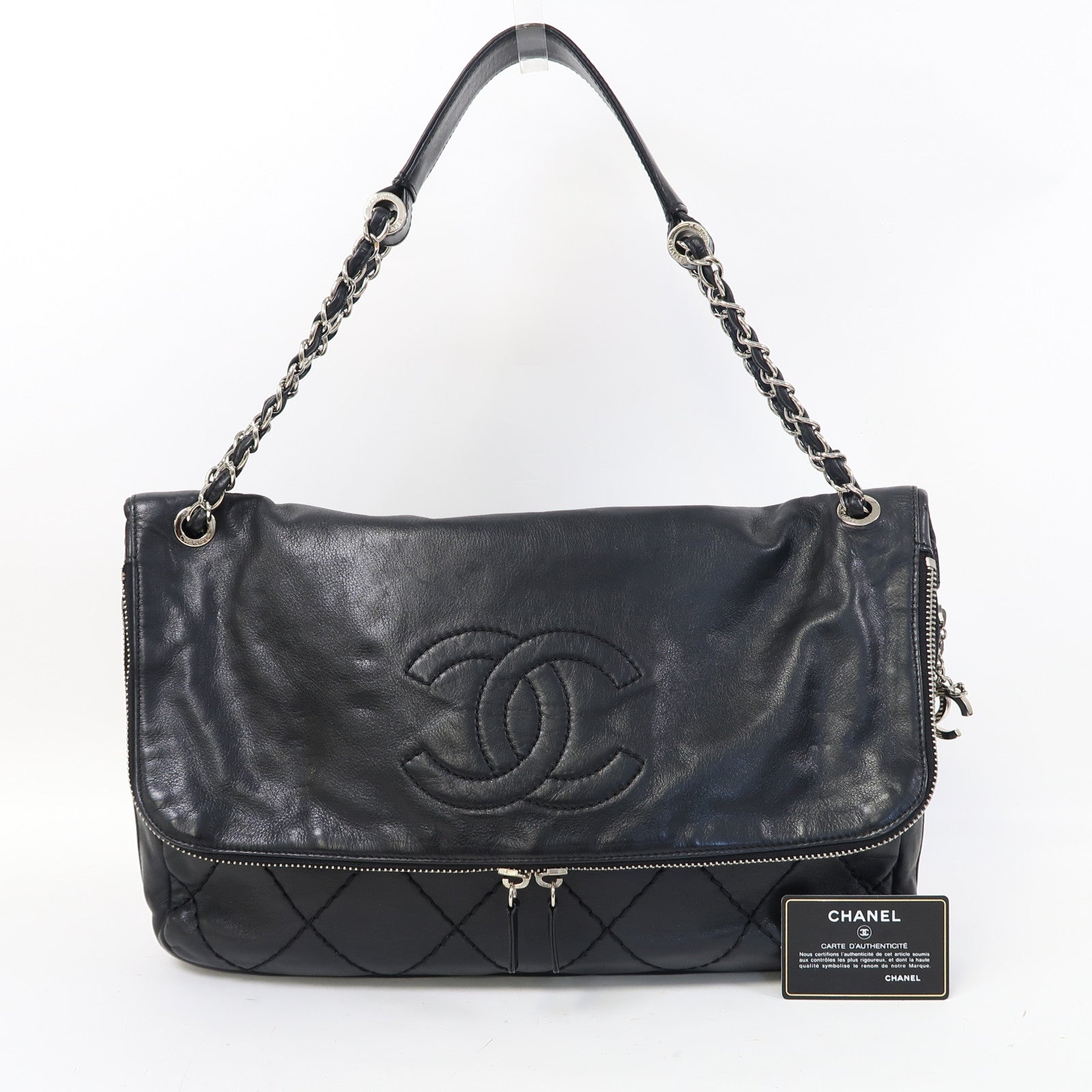 CHANEL 牛皮皮革Shoulder Bag銀扣肩背袋黑色