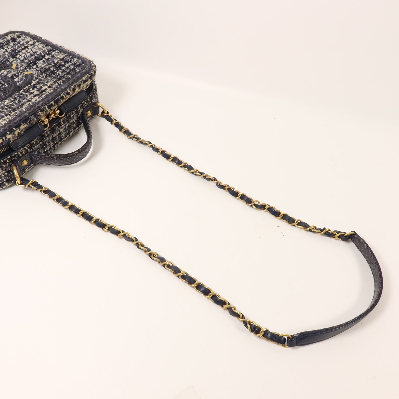 CHANEL Tweed/蛇皮皮革Vanity Case鏈帶手挽肩背兩用袋