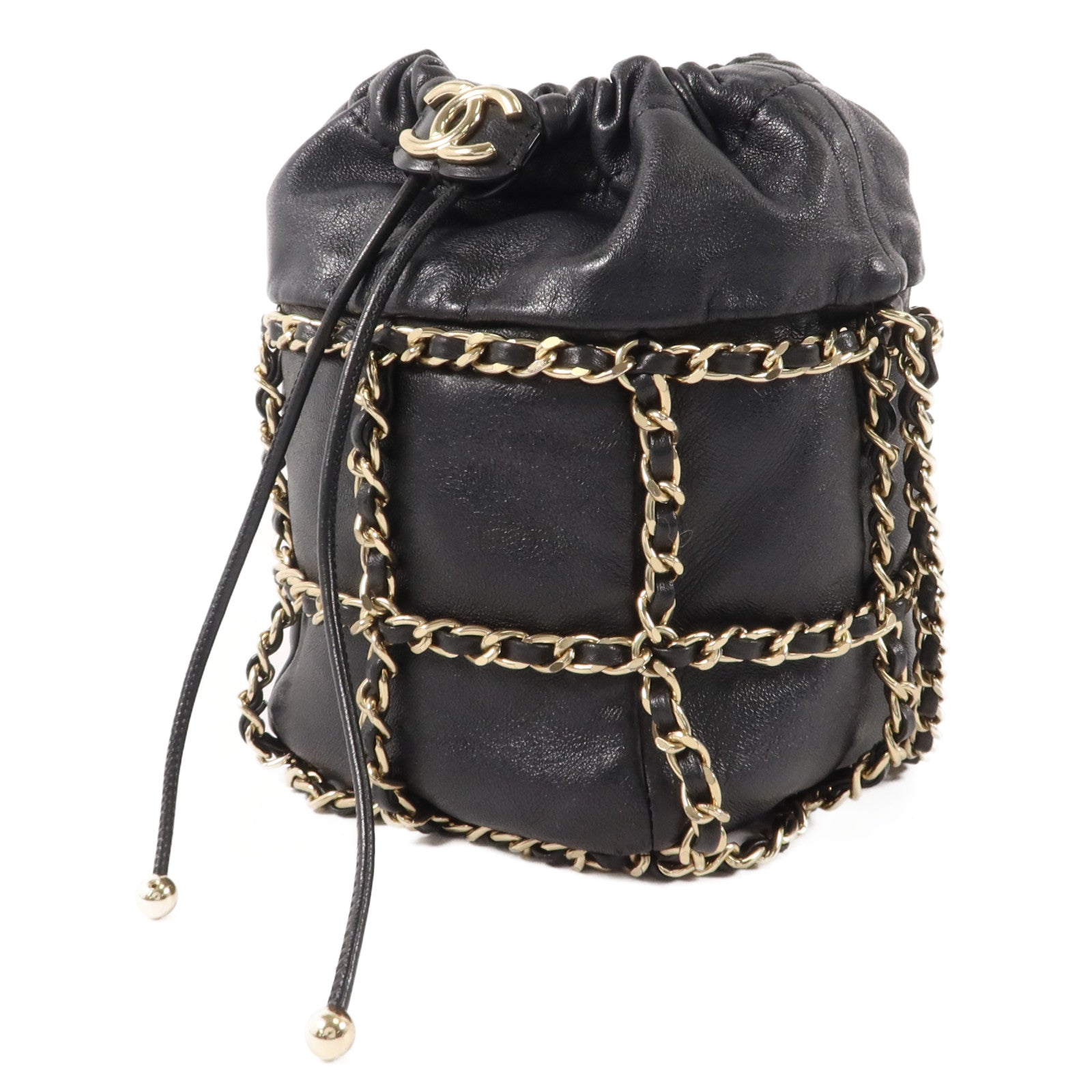 CHANEL 羊皮皮革Drawstring Chain Shoulder鏈帶肩背袋