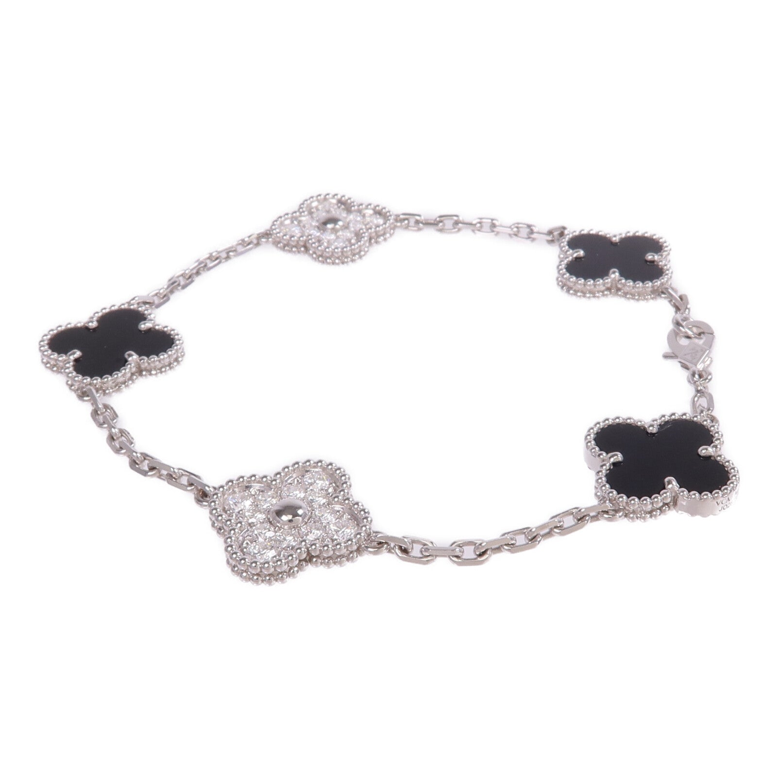 Van Cleef & Arpels 18K白金Vintage Alhambra Bracelet 5 Motifs縞瑪瑙/鑽石手鏈