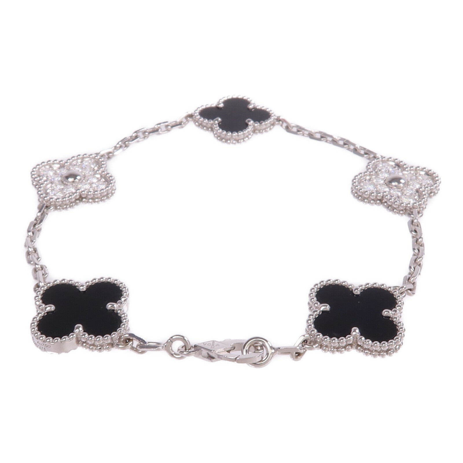 Van Cleef & Arpels 18K白金Vintage Alhambra Bracelet 5 Motifs縞瑪瑙/鑽石手鏈