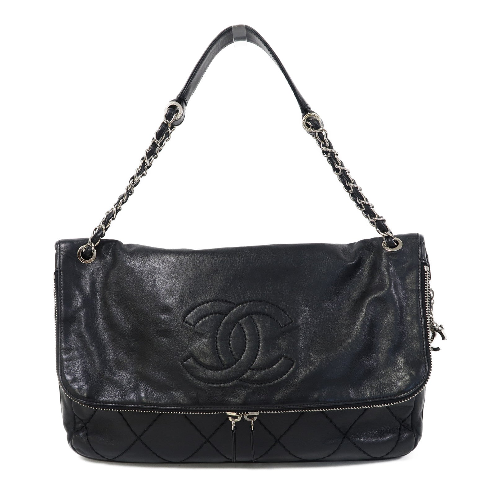 CHANEL 牛皮皮革Shoulder Bag銀扣肩背袋黑色