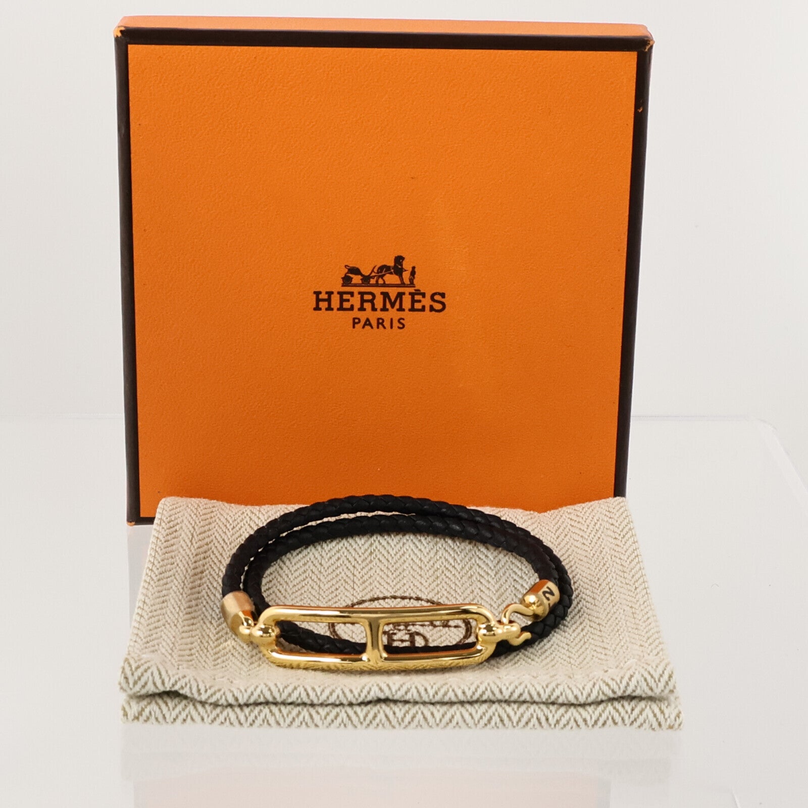 HERMES Swift皮革/金屬Roulis Double Tour Bracelet金扣手鏈Black