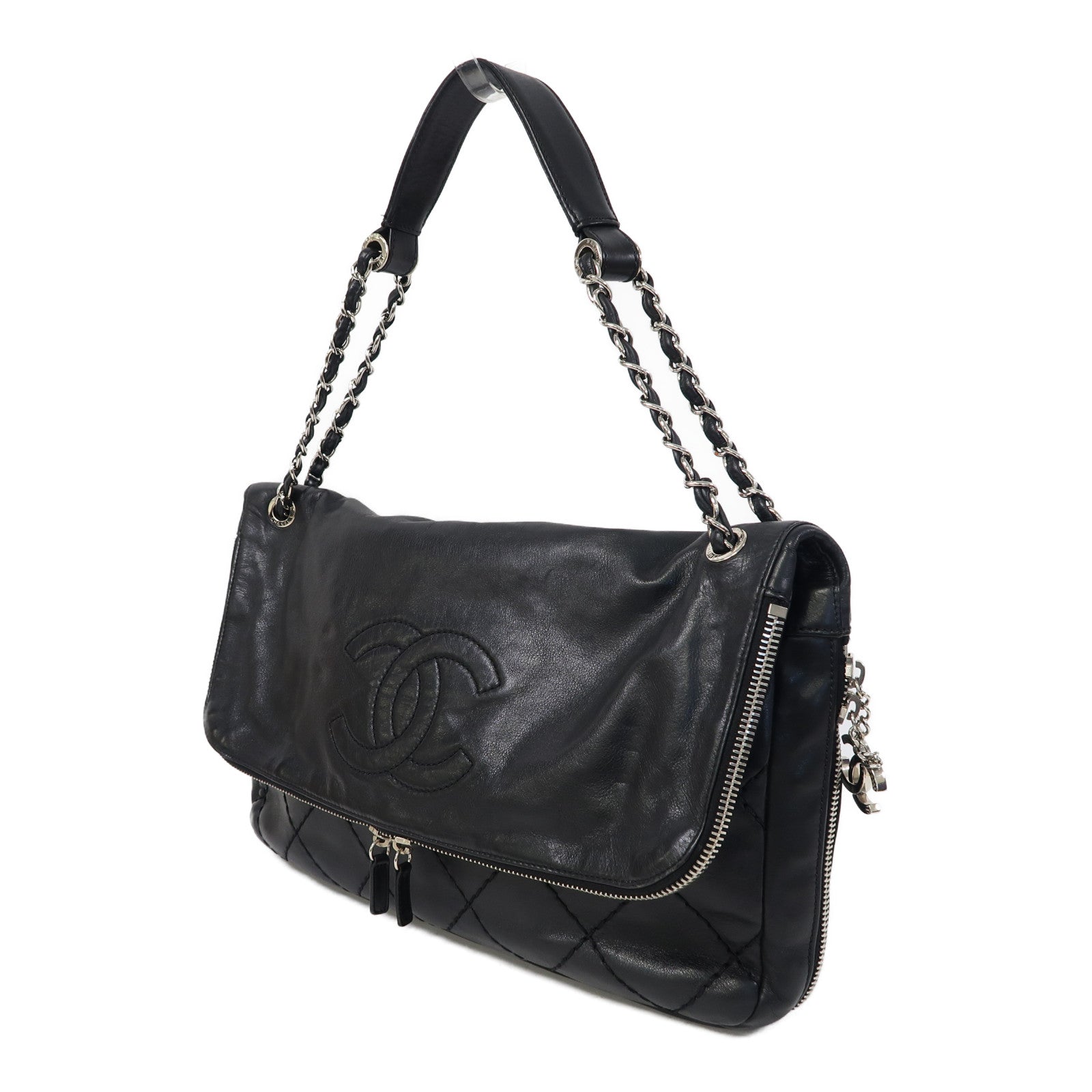 CHANEL 牛皮皮革Shoulder Bag銀扣肩背袋黑色