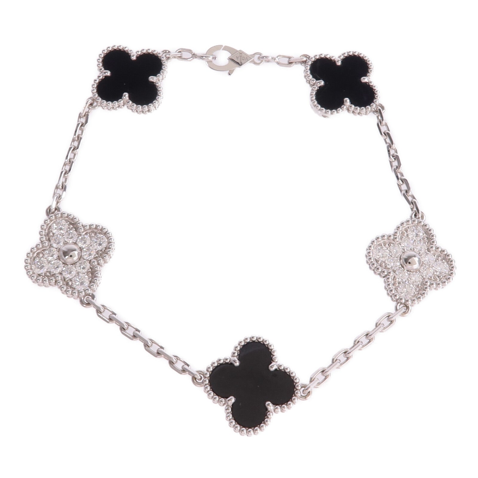 Van Cleef & Arpels 18K白金Vintage Alhambra Bracelet 5 Motifs縞瑪瑙/鑽石手鏈