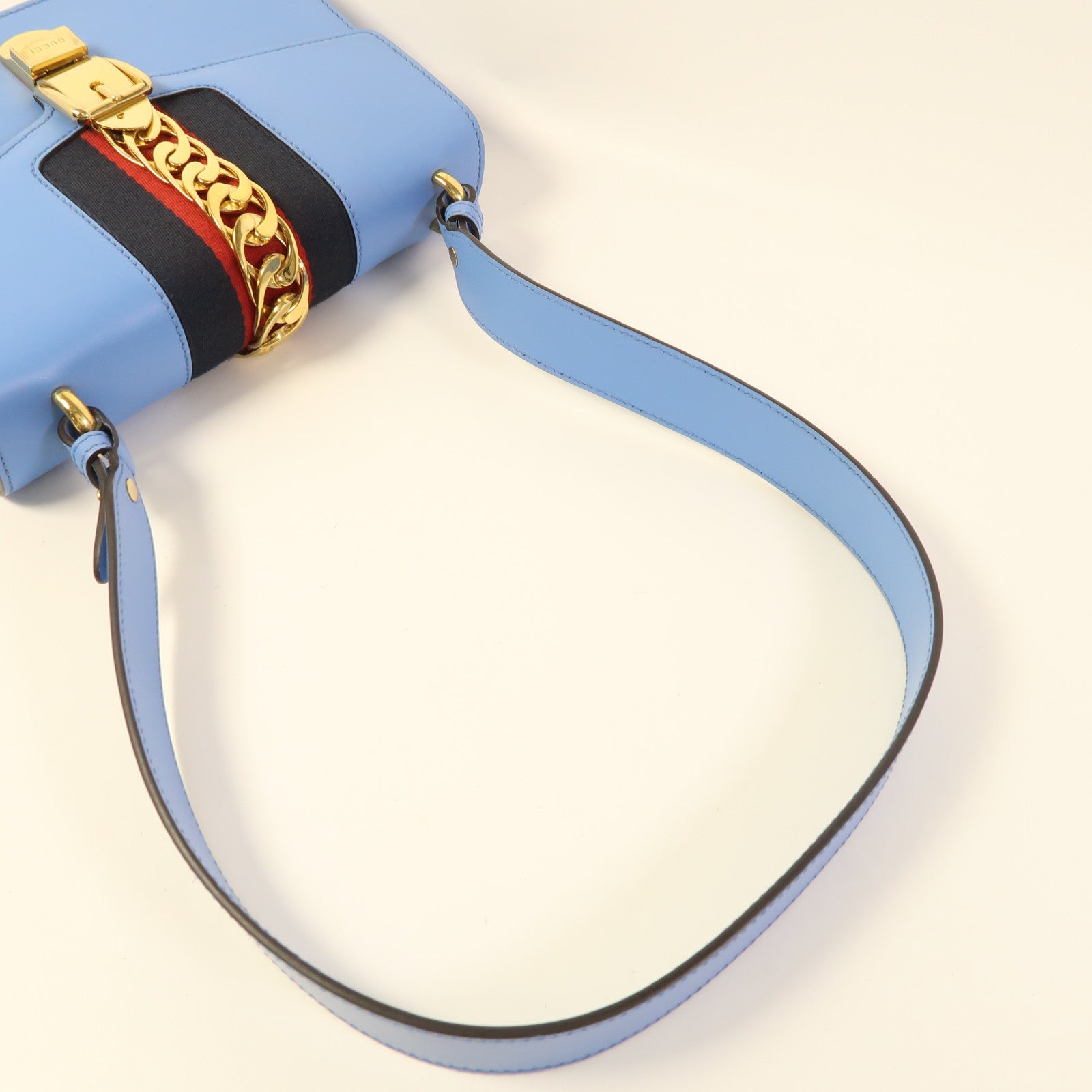 GUCCI GHW Sylvie Shoulder Bag Calfskin Leather Blue 421882