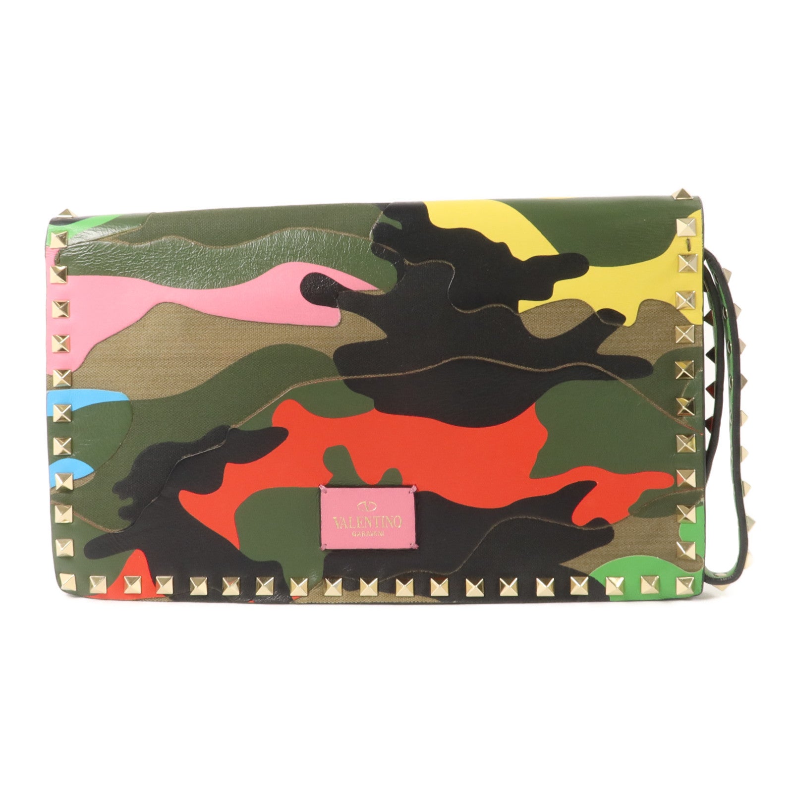 Valentino 帆布/牛皮皮革Camouflage Rockstud Wristlet Clutch手拿包