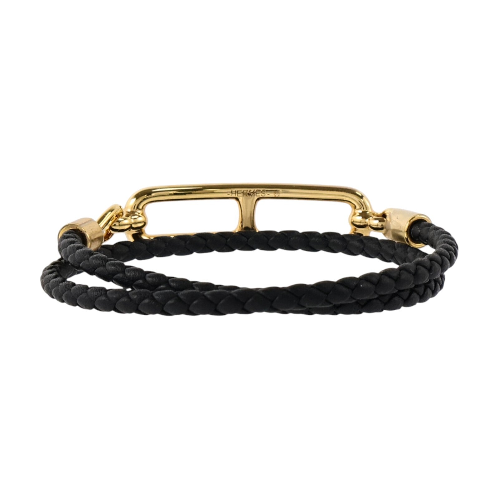 HERMES Swift皮革/金屬Roulis Double Tour Bracelet金扣手鏈Black