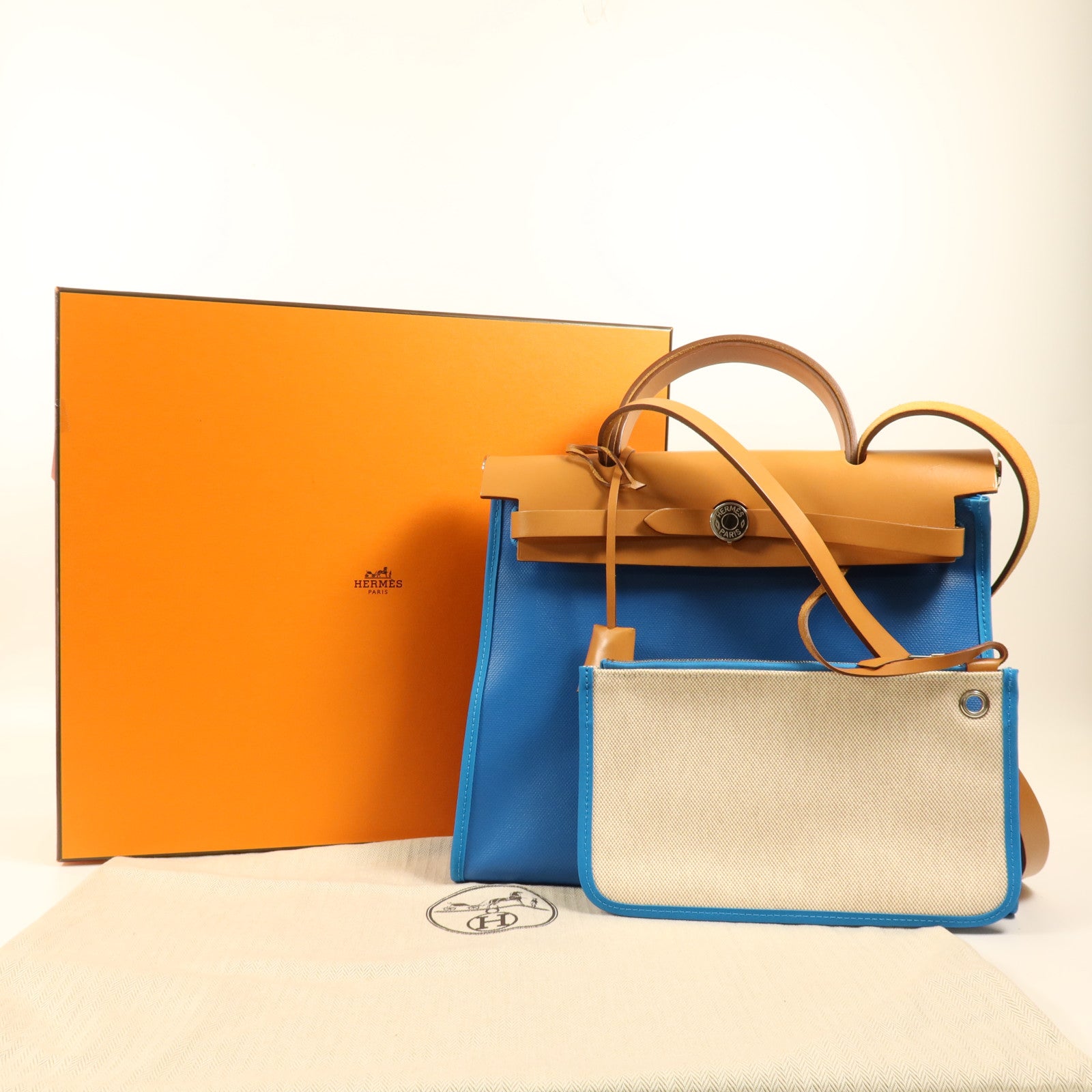 HERMES 塗層帆布Herbag PM銀扣手挽肩背兩用袋Bleu Izmir
