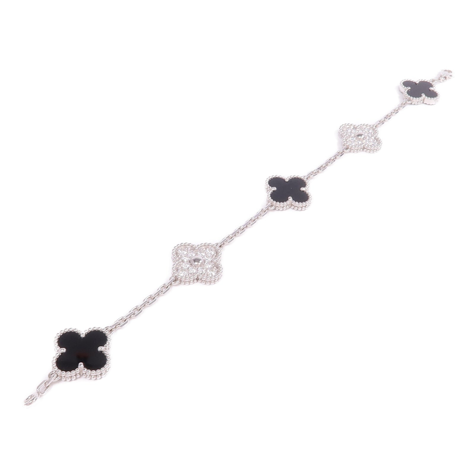 Van Cleef & Arpels 18K白金Vintage Alhambra Bracelet 5 Motifs縞瑪瑙/鑽石手鏈