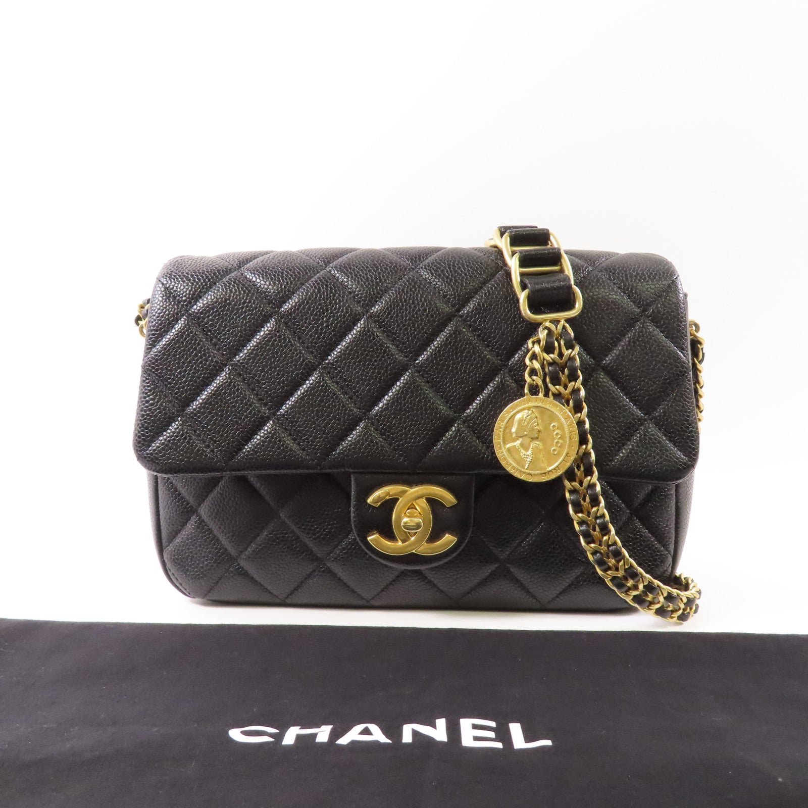 CHANEL 牛皮皮革Chain Shoulder金扣鏈帶肩背袋