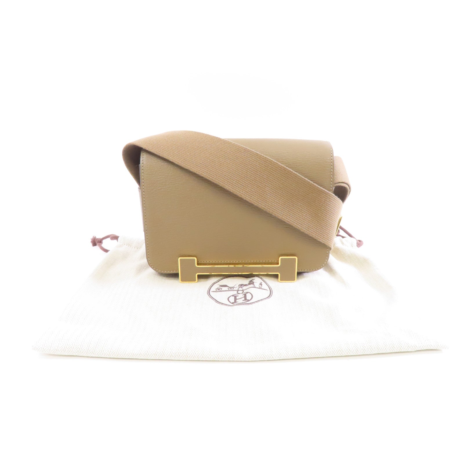 HERMES Chevre皮革Geta金扣肩背袋Etoupe/米灰色
