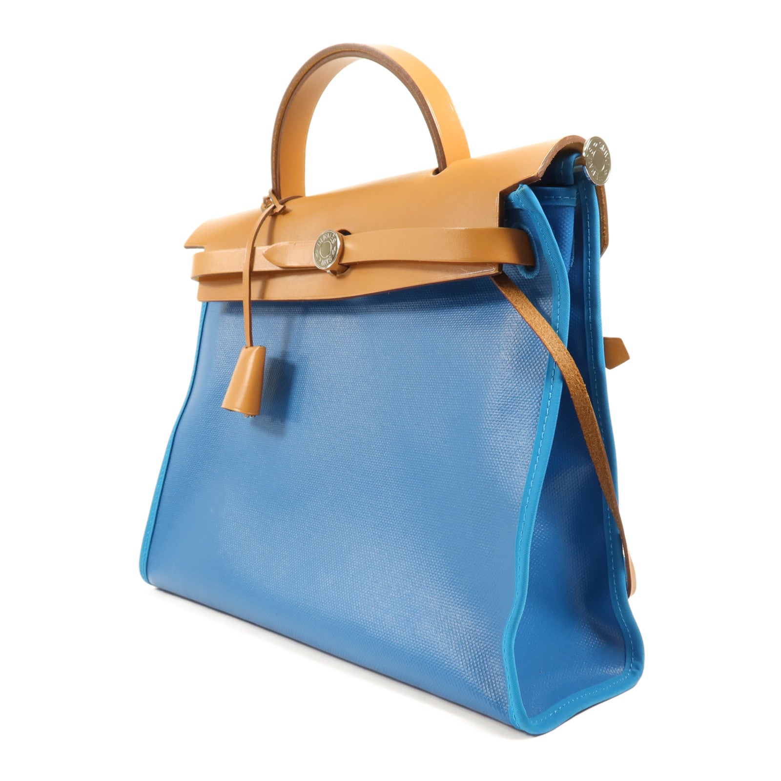 HERMES 塗層帆布Herbag PM銀扣手挽肩背兩用袋Bleu Izmir