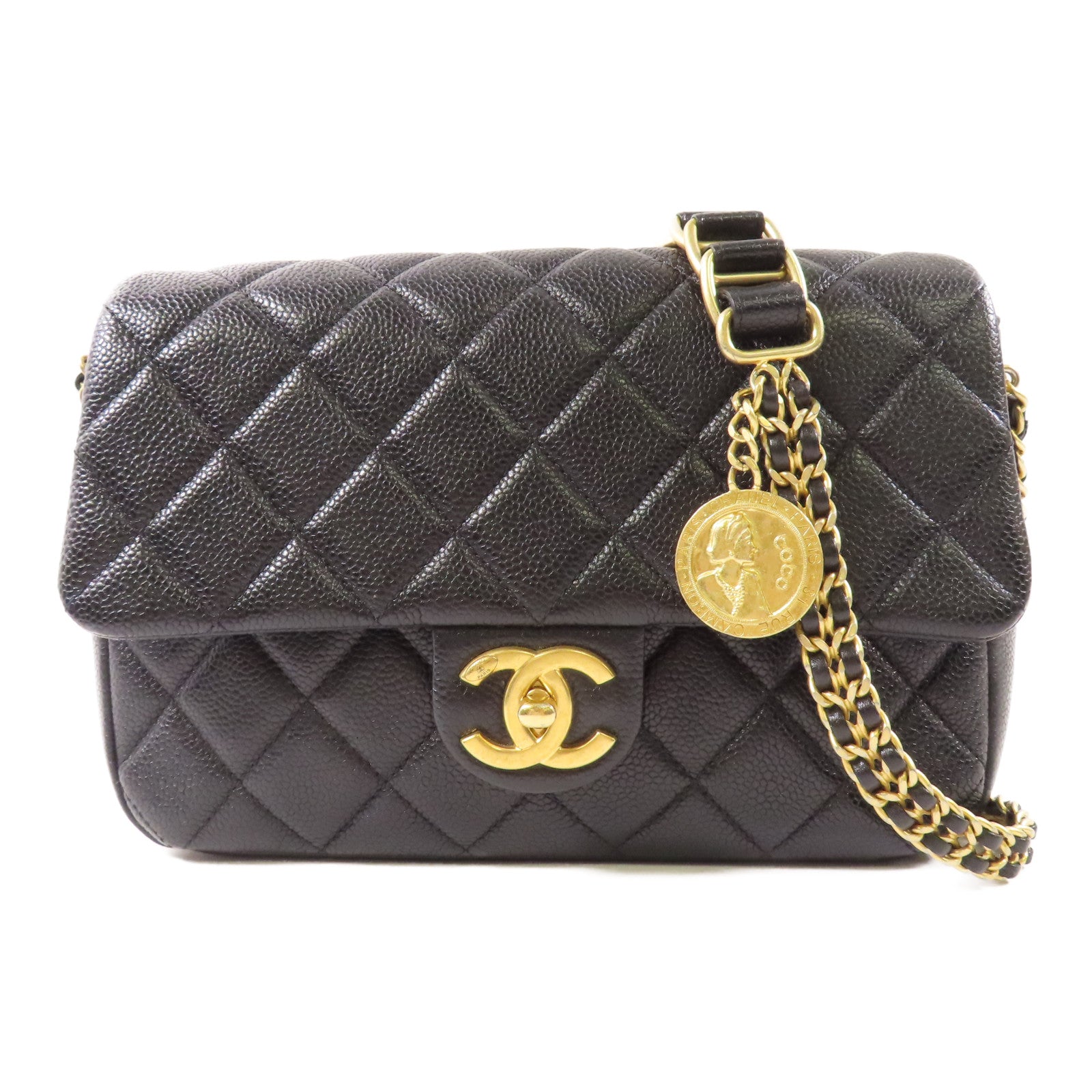 CHANEL 牛皮皮革Chain Shoulder金扣鏈帶肩背袋