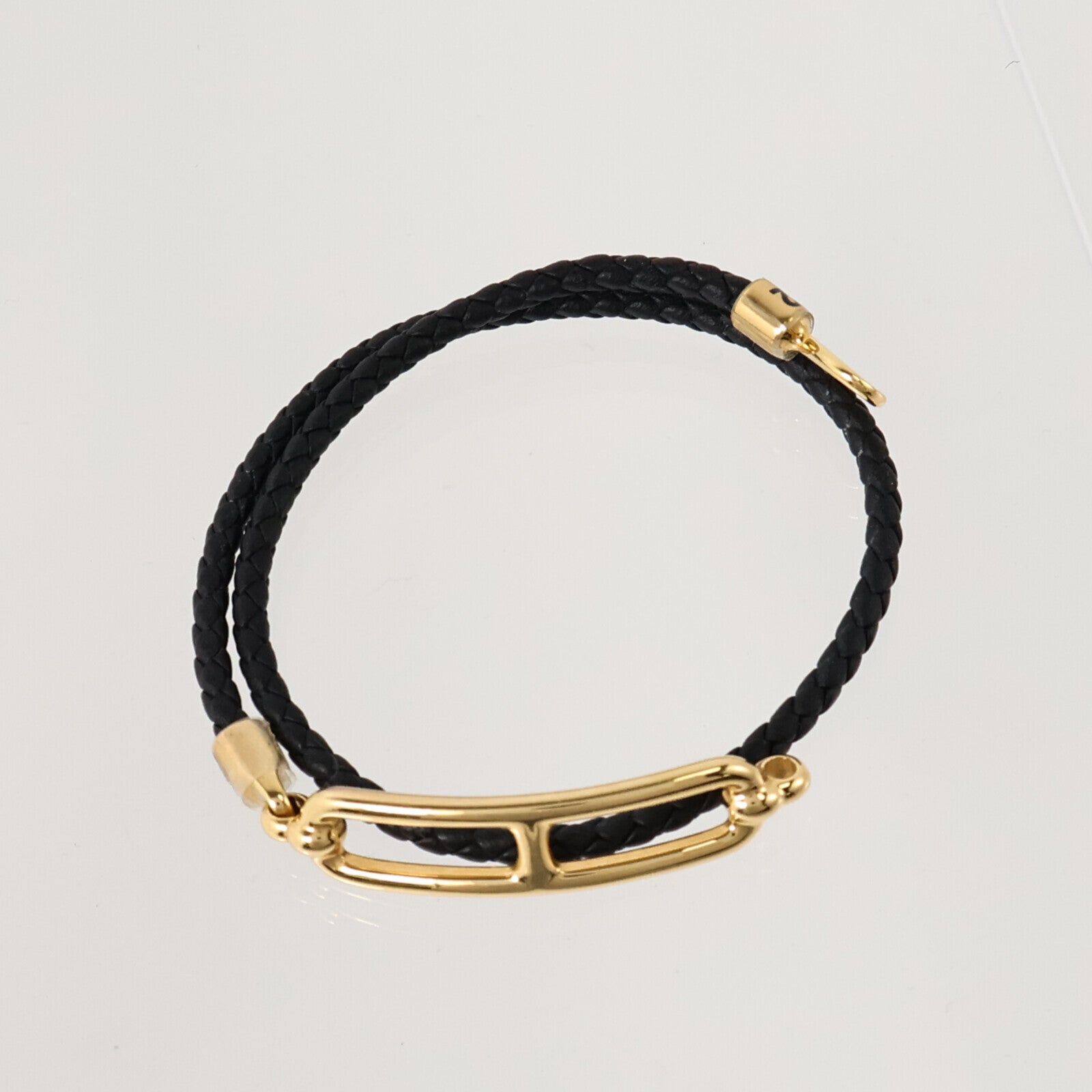 HERMES Swift皮革/金屬Roulis Double Tour Bracelet金扣手鏈Black