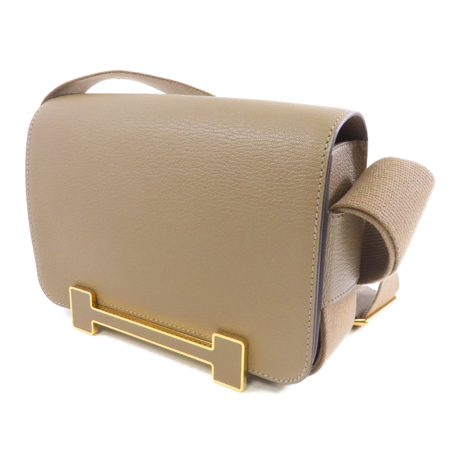 HERMES Chevre皮革Geta金扣肩背袋Etoupe/米灰色