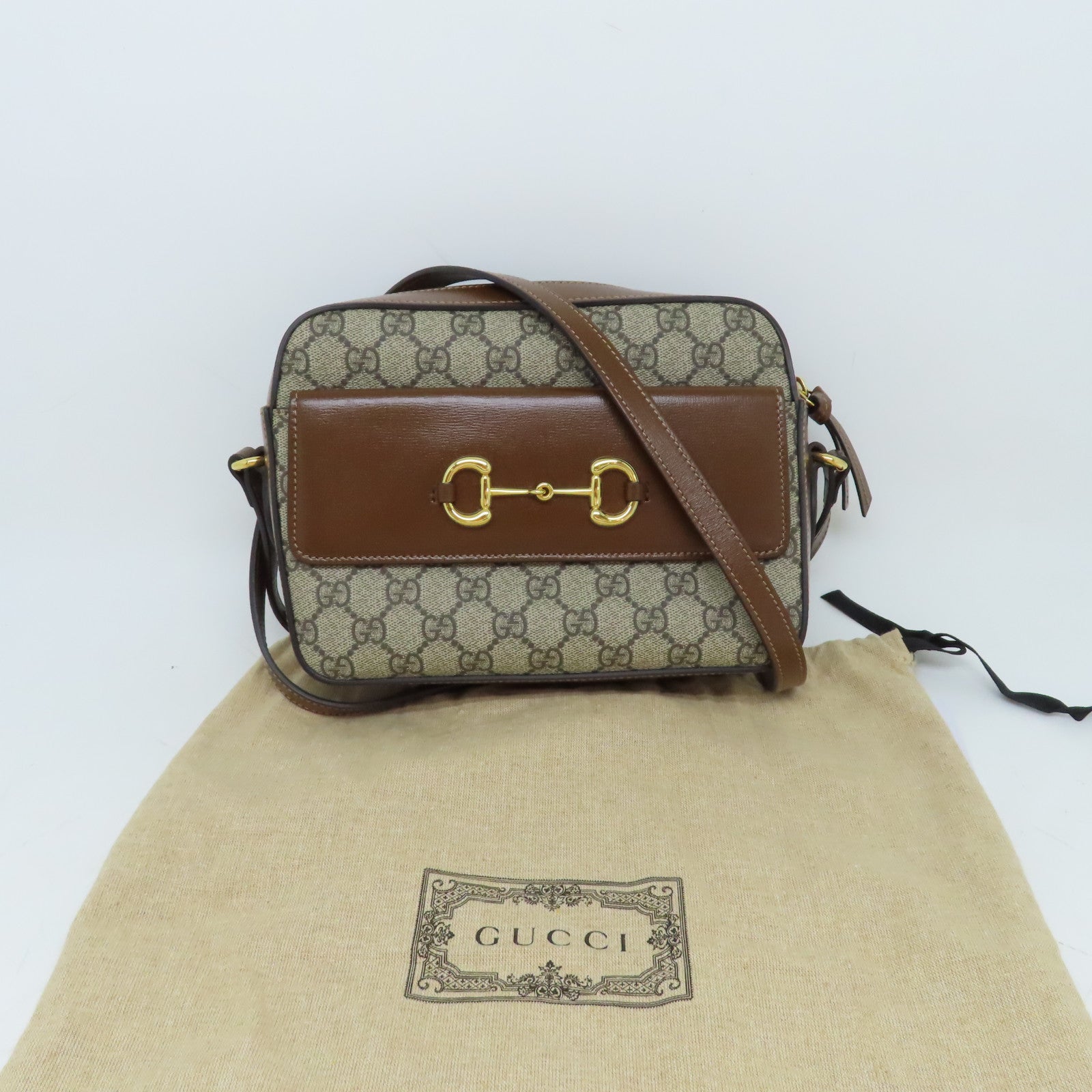 GUCCI 塗層帆布/牛皮皮革Horsebit 1955金扣肩背袋啡色
